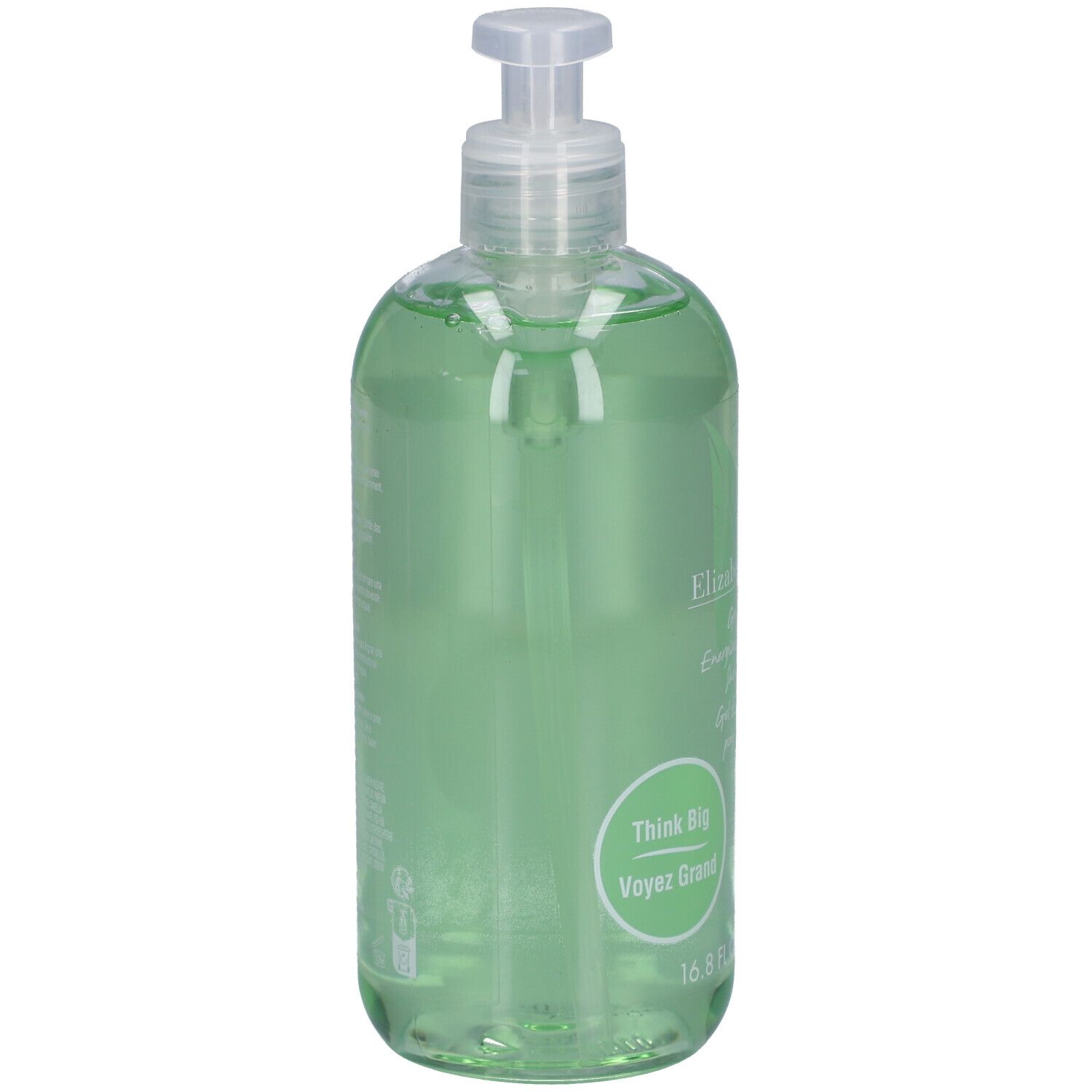 Groene douchegel met pomp. Opschrift: Elizabeth Arden Green Tea. 16.8 fl.oz.