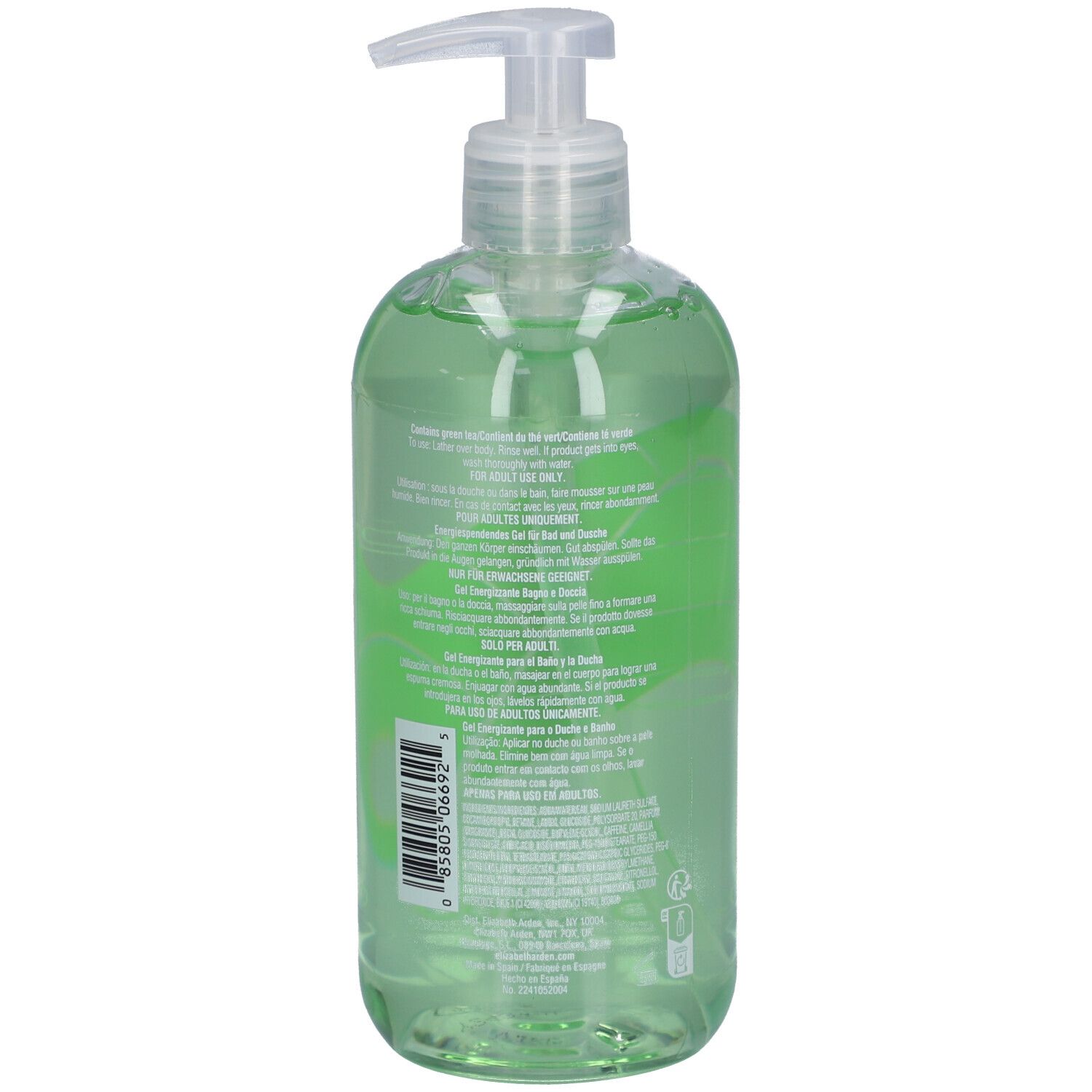 Achterkant van een groene douchegelfles met tekst. Opschrift: Elizabeth Arden Green Tea.