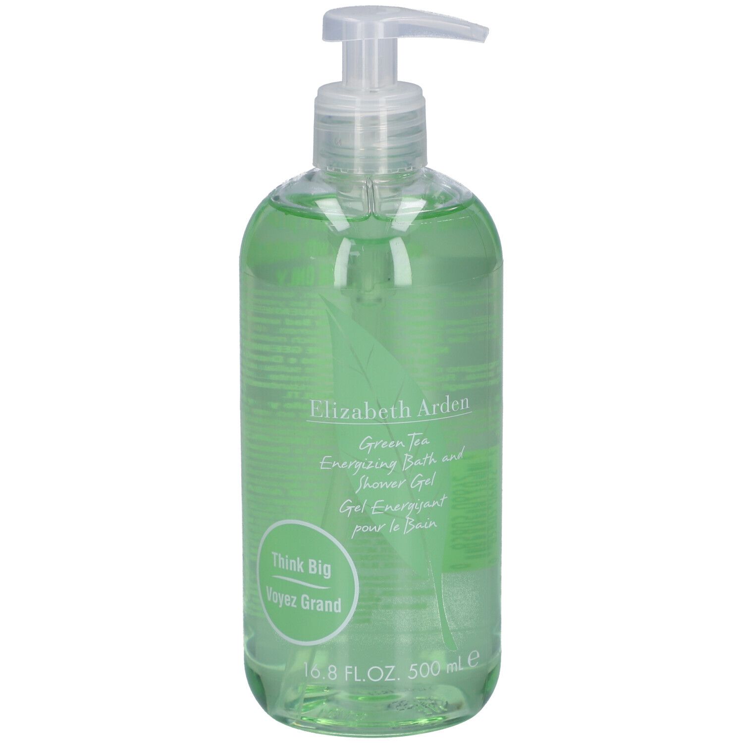 Groene douchegel met pomp. Opschrift: Elizabeth Arden Green Tea. 500 ml.
