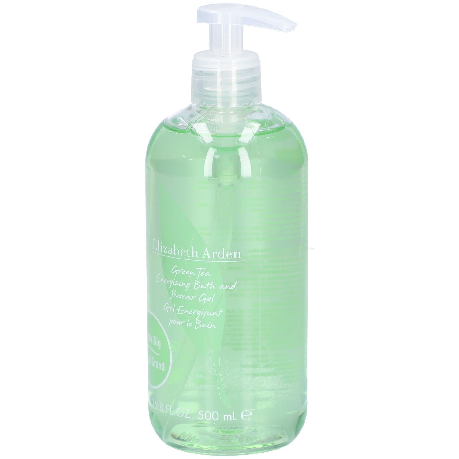 Groene douchegel met pomp. Opschrift: Elizabeth Arden Green Tea. 500 ml.