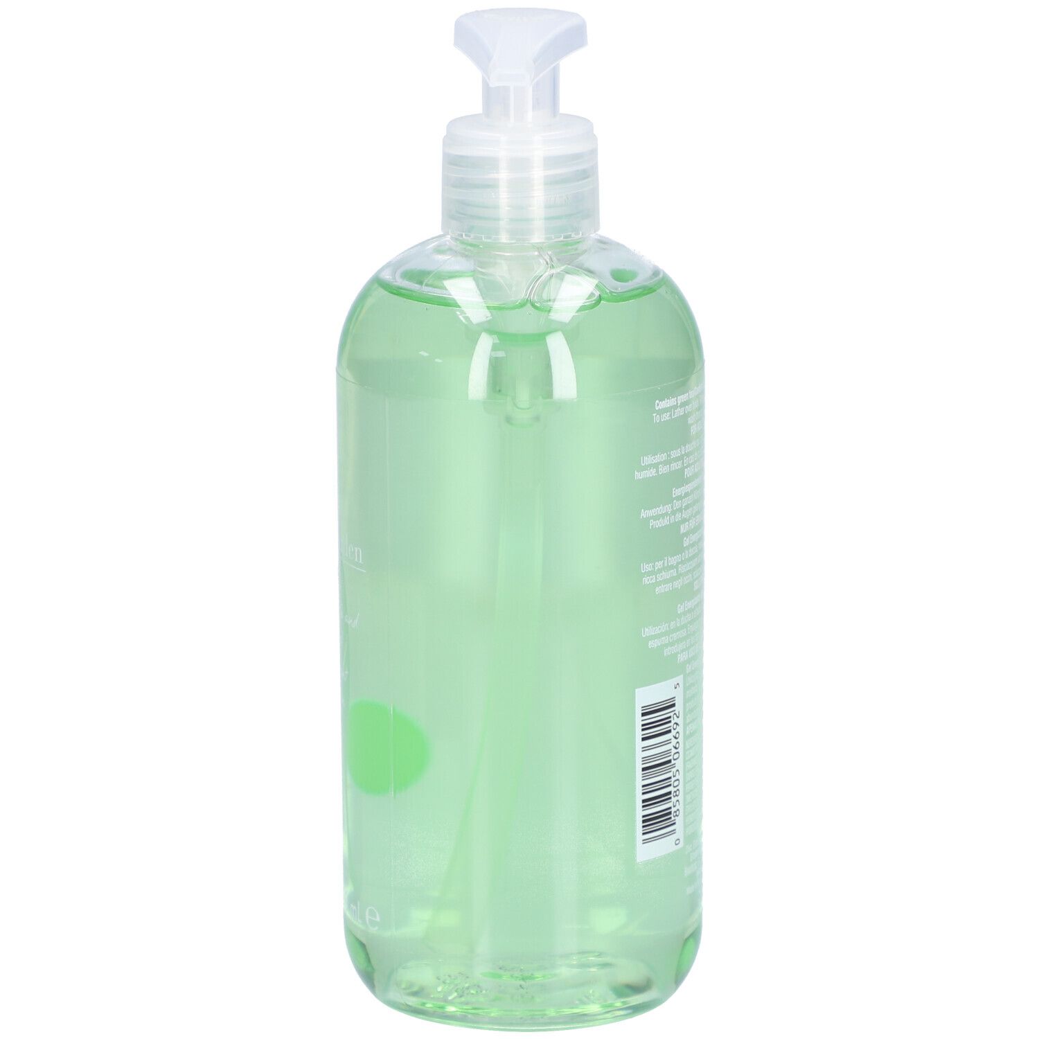 Achterkant van een groene douchegelfles met tekst. Opschrift: Elizabeth Arden Green Tea.