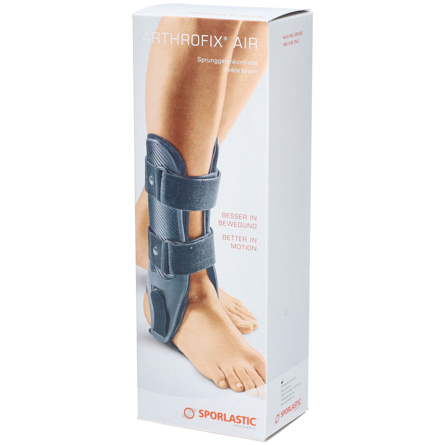 Sporlastic Arthrofix® Air enkelbrace op verpakking. Enkelbrace met klittenbandsluitingen. Productafbeelding.