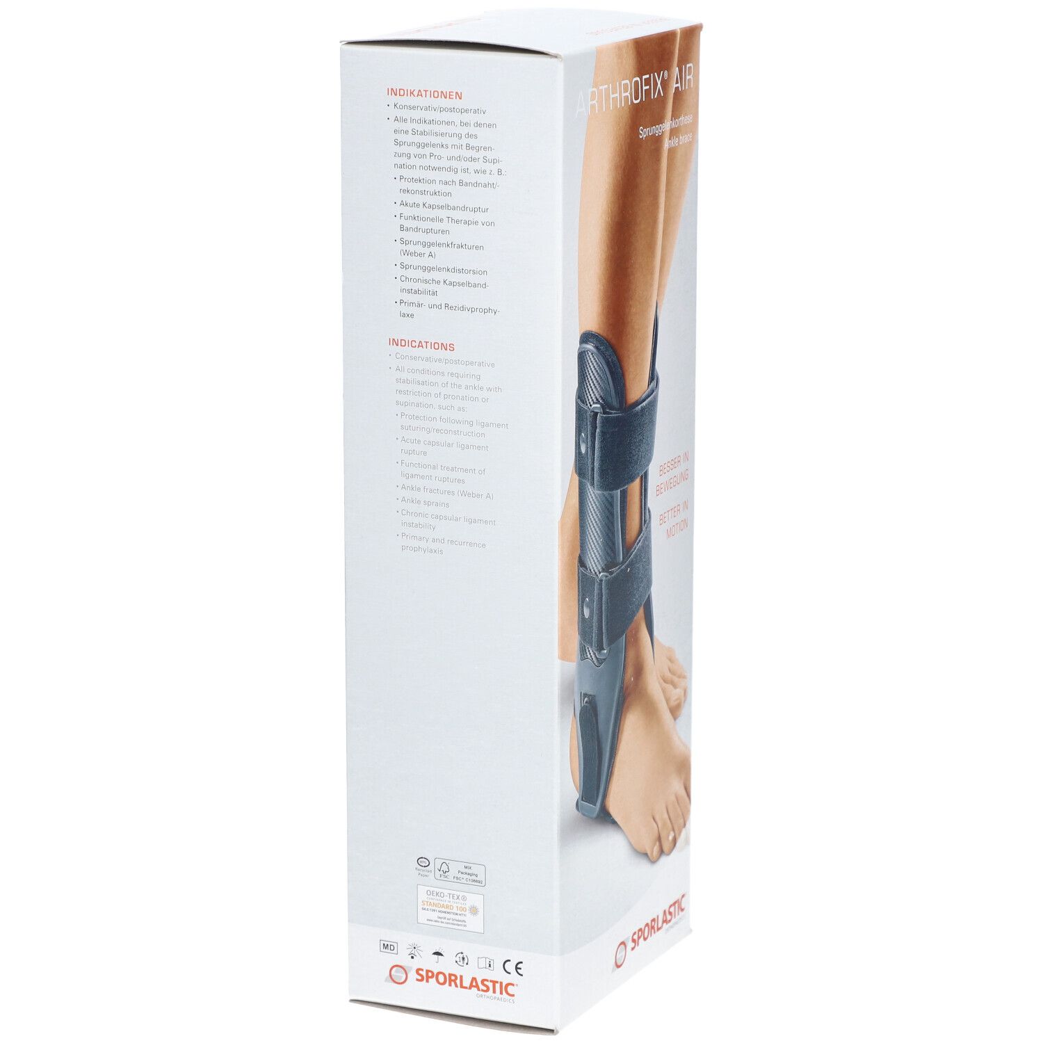 Achterkant van de verpakking van de Sporlastic Arthrofix® Air enkelbrace. Tekst met indicaties en logo van de fabrikant.
