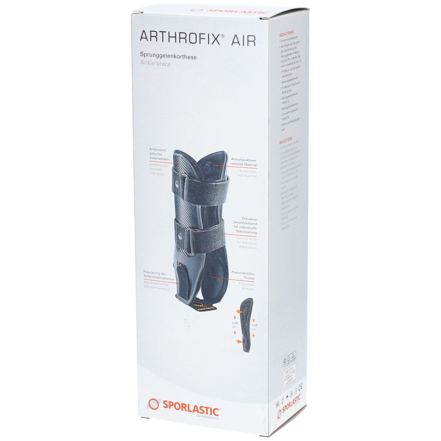 Sporlastic Arthrofix® Air enkelbrace op verpakking. Productweergave met gemarkeerde kenmerken.