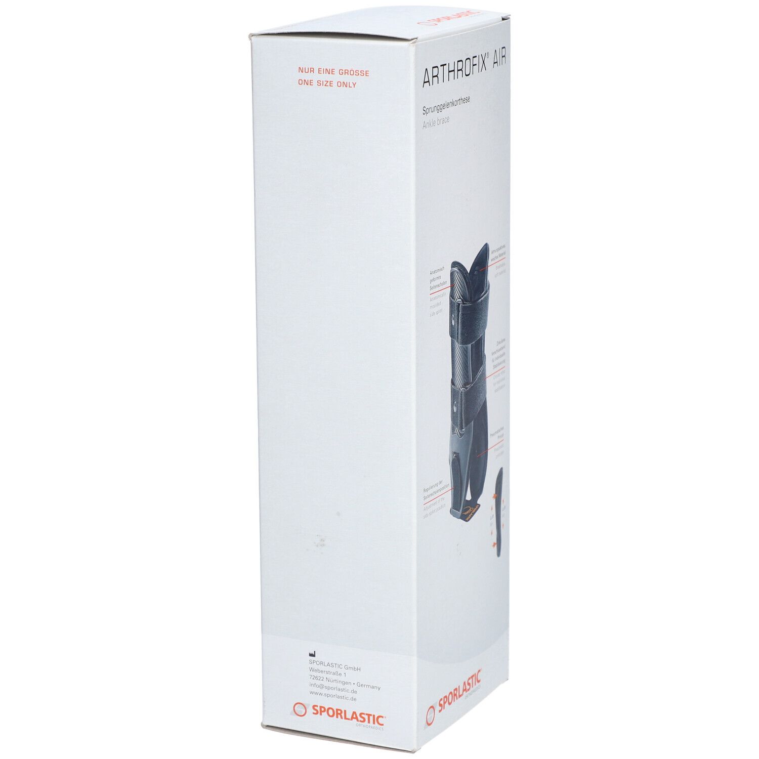 Zijaanzicht van de verpakking van de Sporlastic Arthrofix® Air enkelbrace. Tekst: One Size Only.