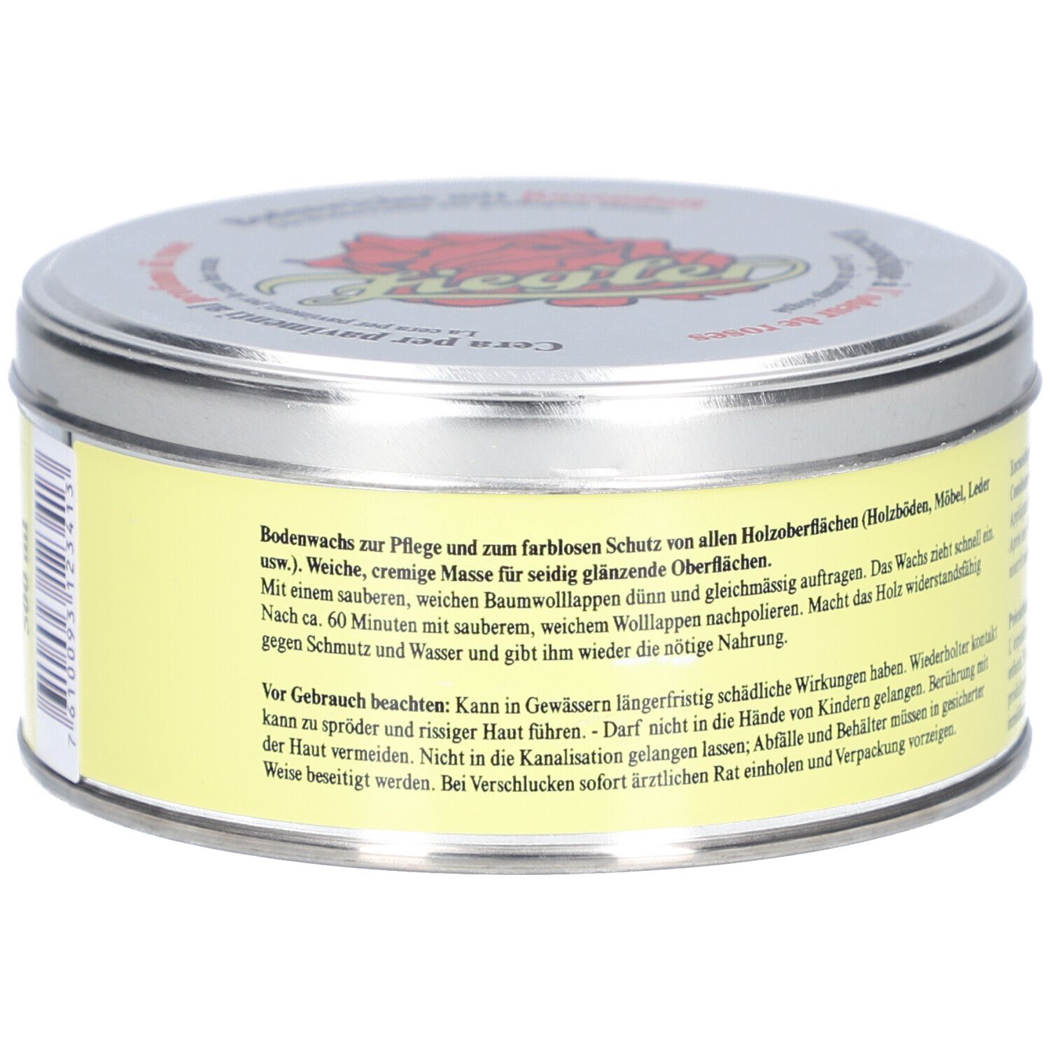 Boîte ronde avec étiquette jaune et texte. Couvercle argenté avec logo et texte. Nom du produit non visible.