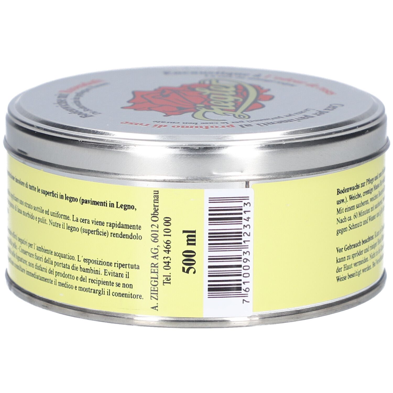 Boîte ronde avec étiquette jaune et texte. Couvercle argenté avec logo. Inscription: 500 ml. Code-barres.