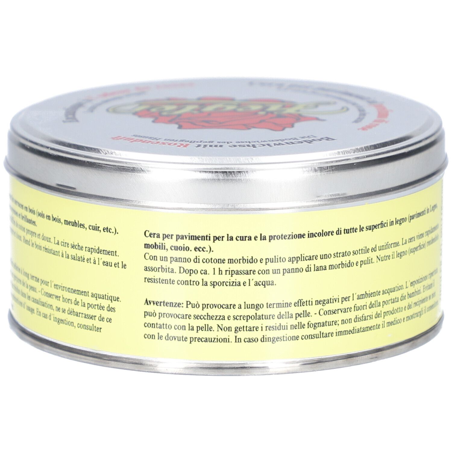 Boîte ronde avec étiquette jaune et texte. Couvercle argenté avec logo. Nom du produit non visible.