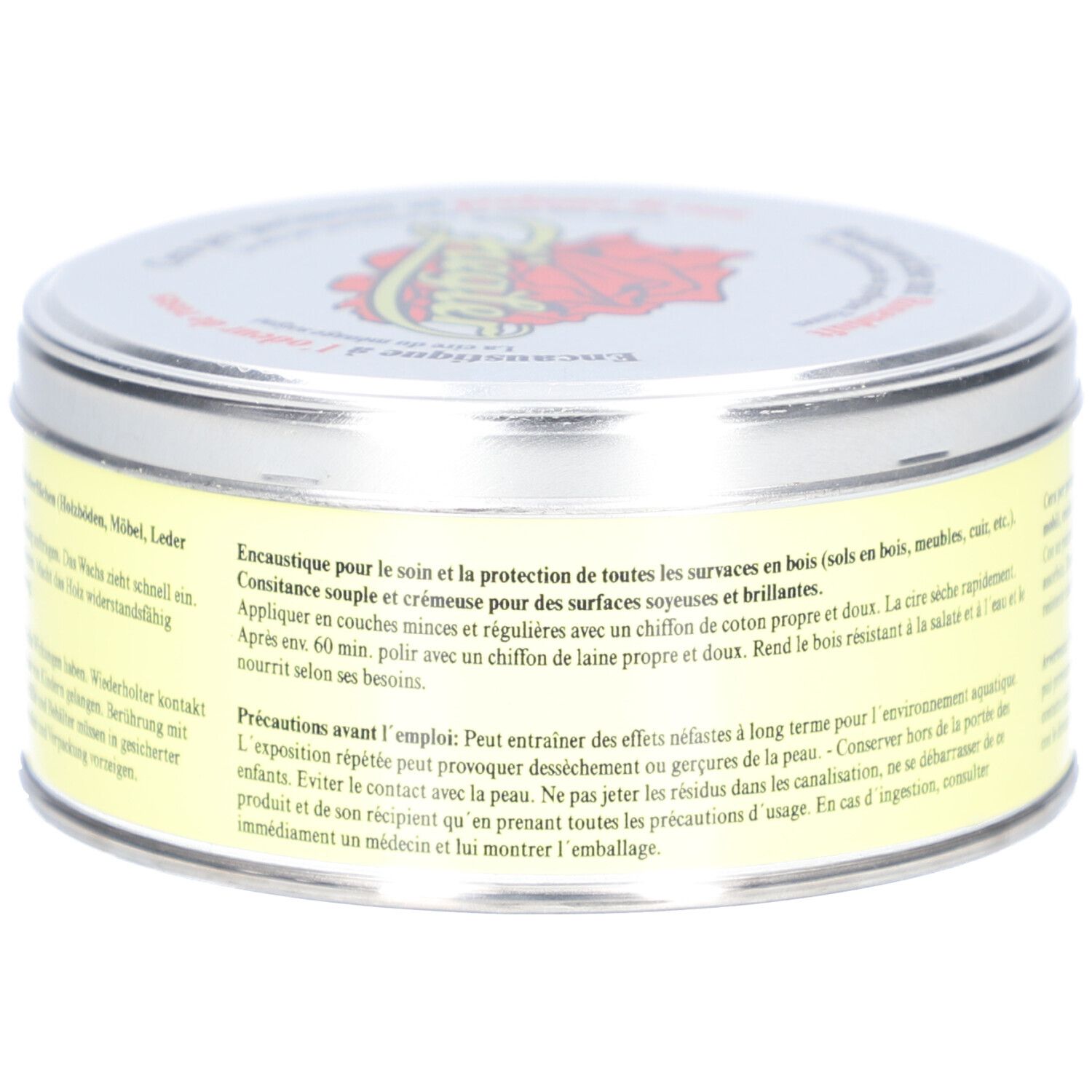 Boîte ronde avec étiquette jaune et texte. Couvercle argenté avec logo et texte. Nom du produit non visible.