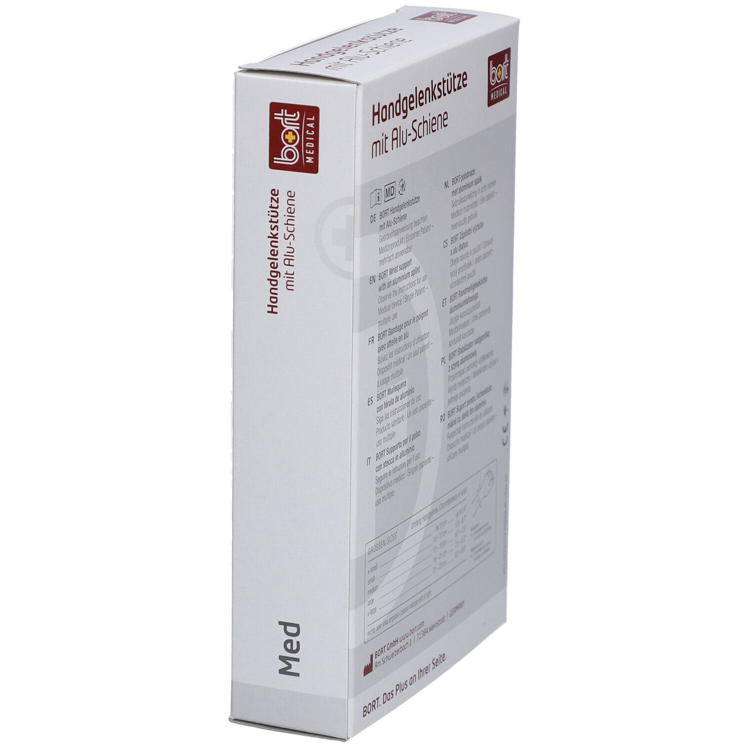 Boîte de l'attelle de poignet avec barre en aluminium. Logo BORT MEDICAL. Texte et nom du produit.