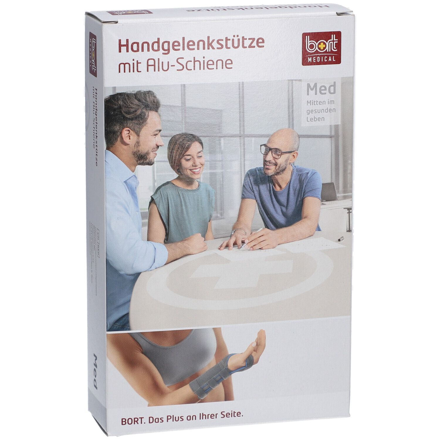 Boîte de l'attelle de poignet avec barre en aluminium. Logo BORT MEDICAL. Illustration de personnes et de l'attelle.