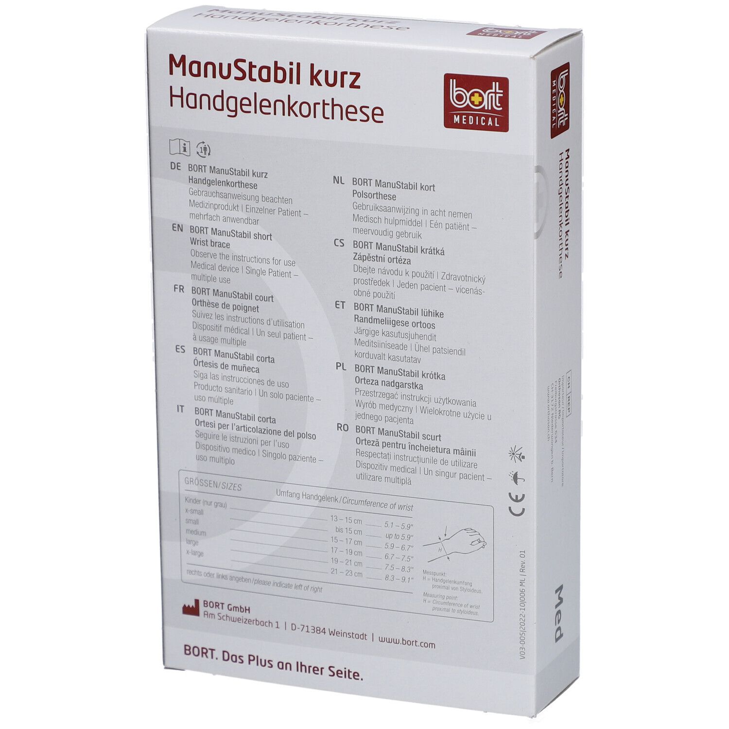 Dos de l'emballage. Texte en plusieurs langues. Inscription : ManuStabil kurz, bort MEDICAL. Tableau des tailles.