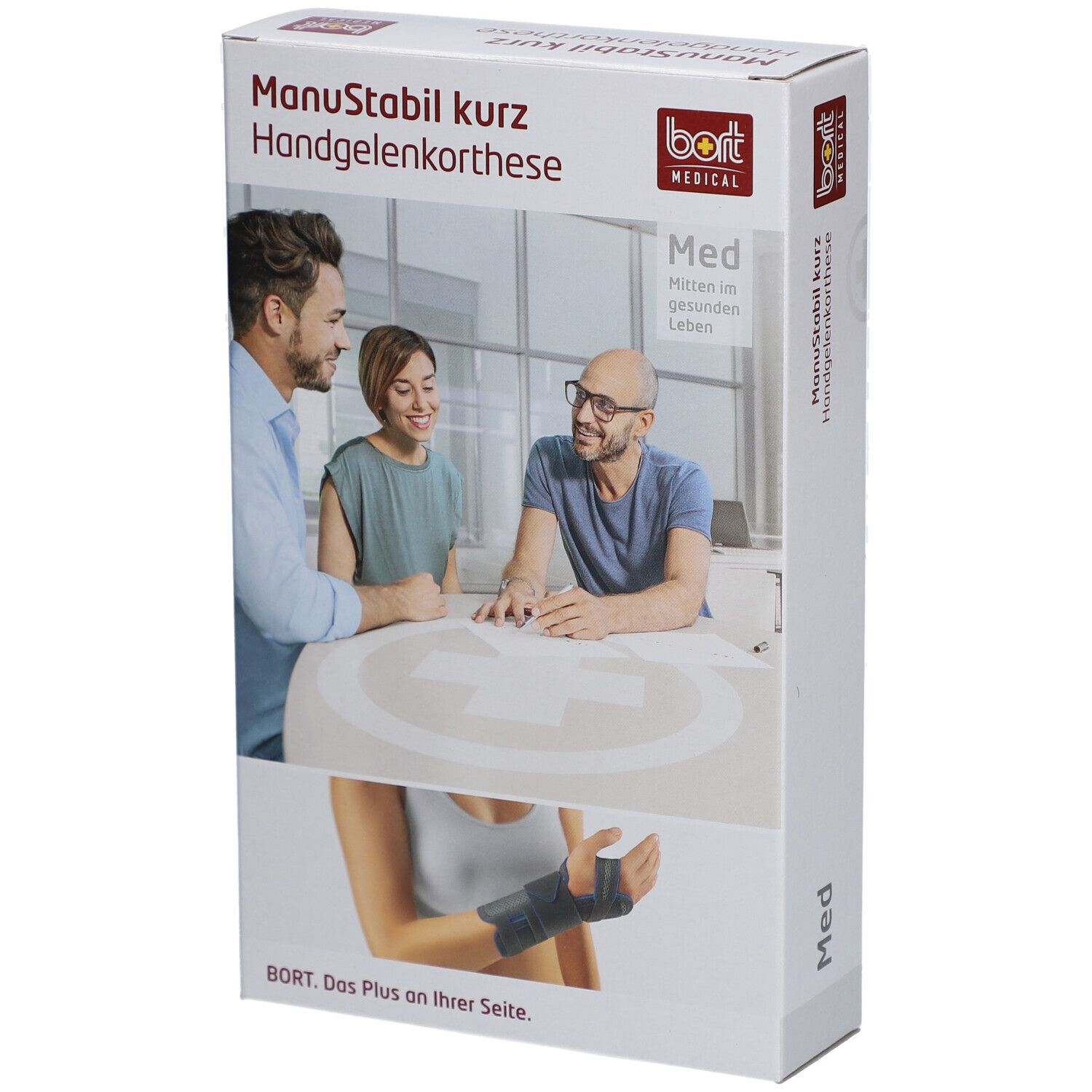 Emballage de l'orthèse de poignet. Impression : ManuStabil kurz, Handgelenkorthese, bort MEDICAL. Image de l'attelle et de personnes.