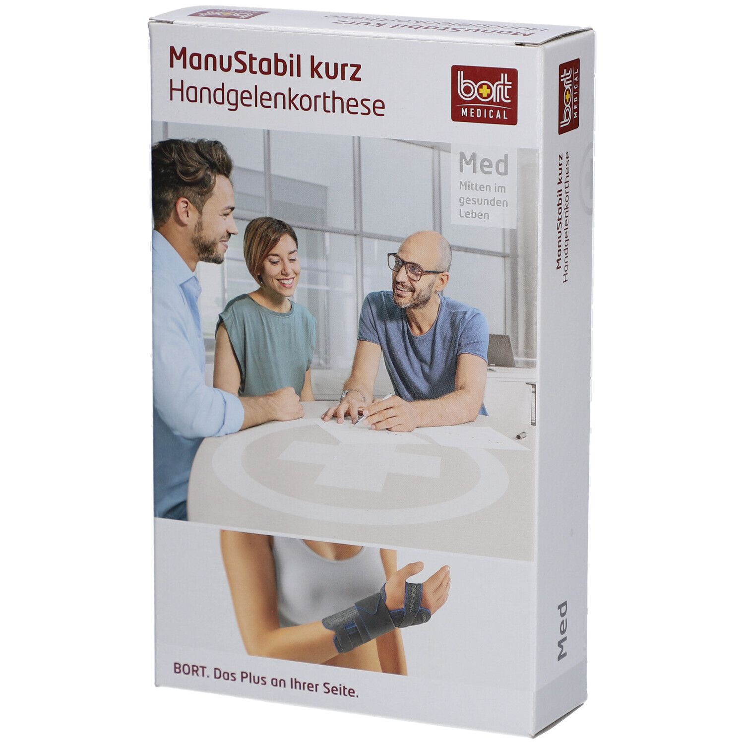 Verpakking van de polsbrace. Opschrift: ManuStabil kurz, bort MEDICAL. Afbeelding: polsbrace op de pols.