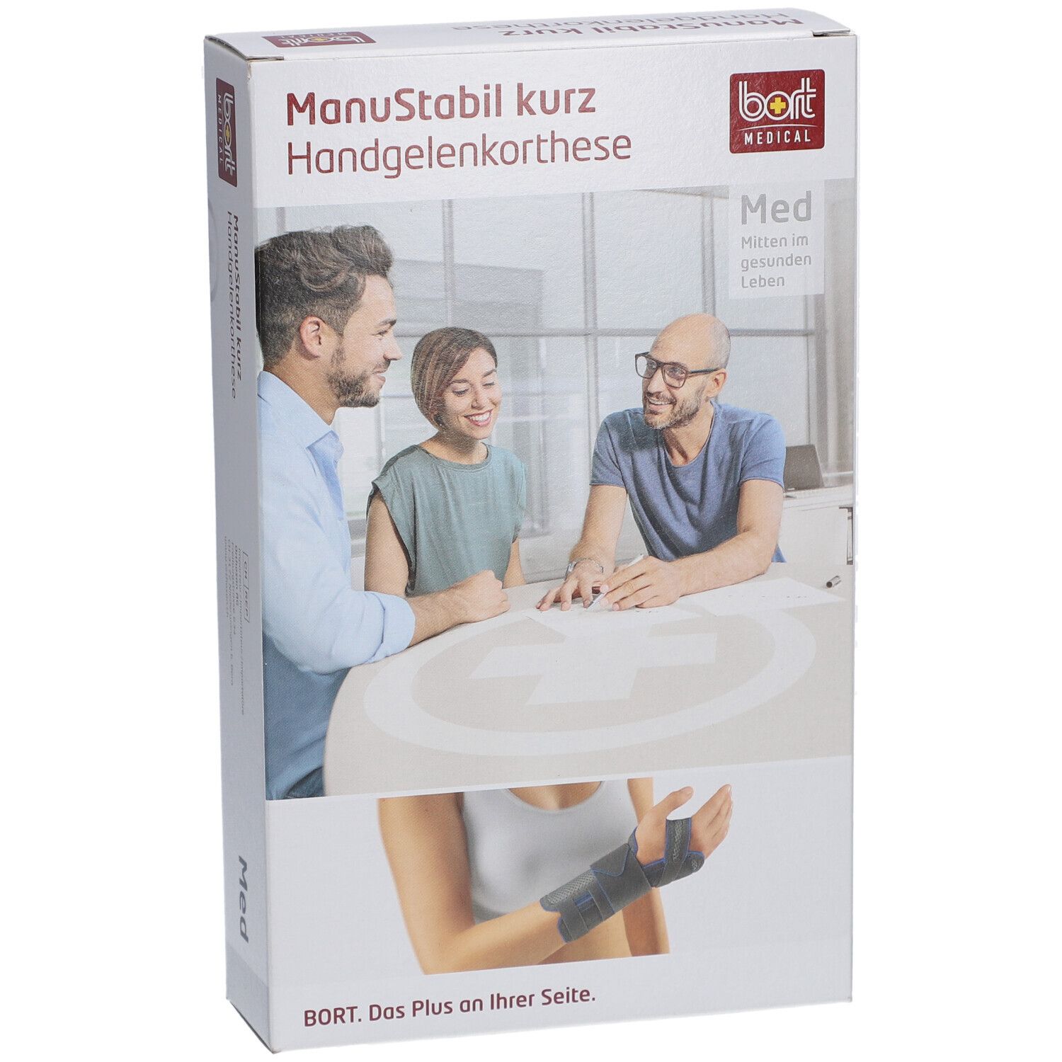Verpakking van de polsbrace. Opschrift: ManuStabil kurz, bort MEDICAL. Afbeelding: mensen aan tafel, polsbrace.