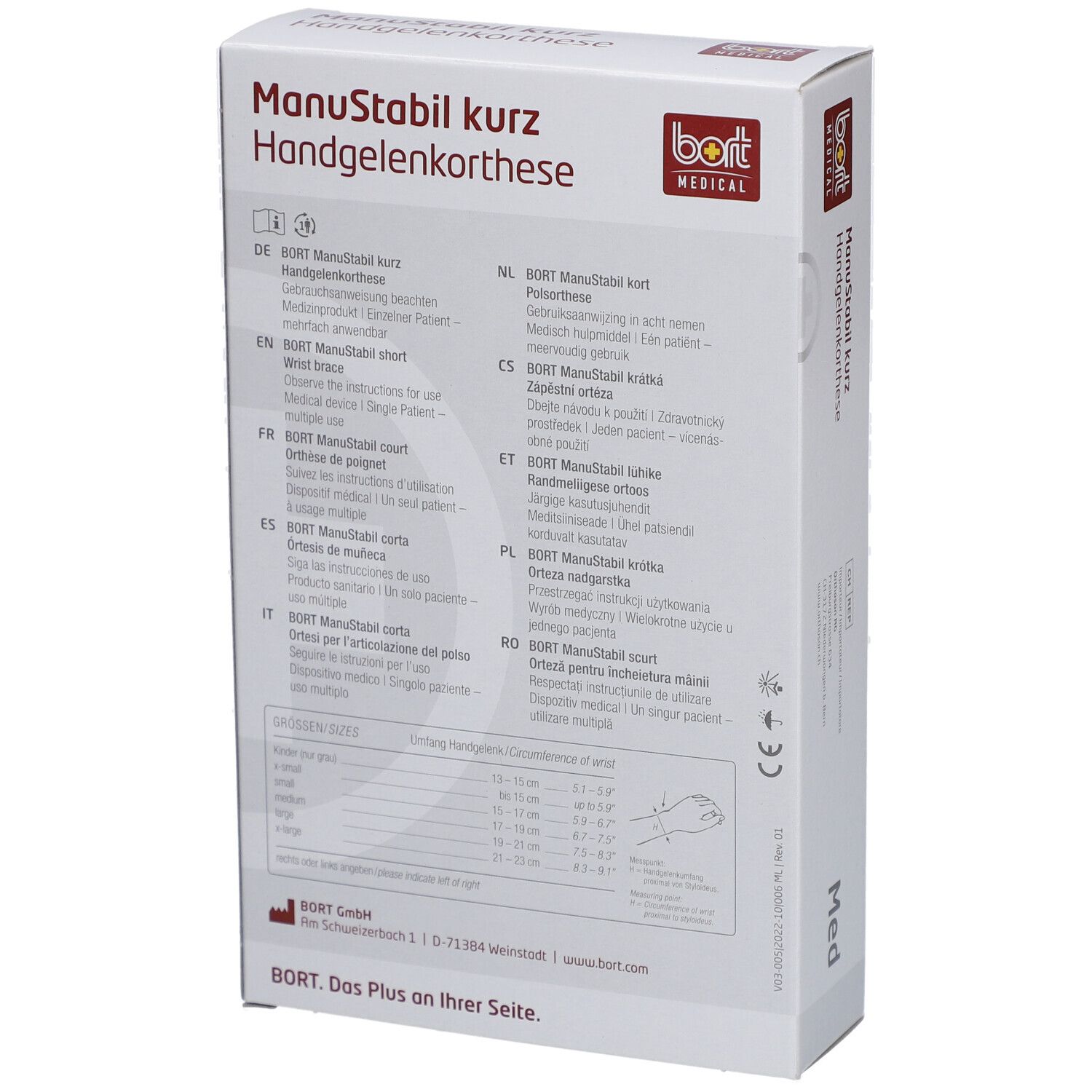 Dos de l'emballage. Texte en plusieurs langues. Inscription: ManuStabil kurz, bort MEDICAL. Informations sur les tailles.
