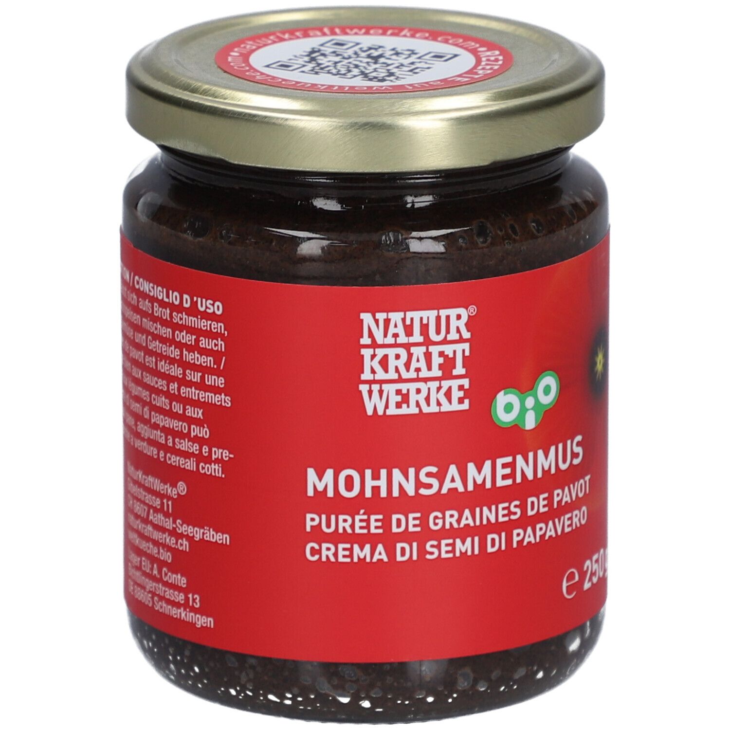Pot de purée de graines de pavot. Étiquette rouge avec nom et logo du produit. Couvercle en métal.