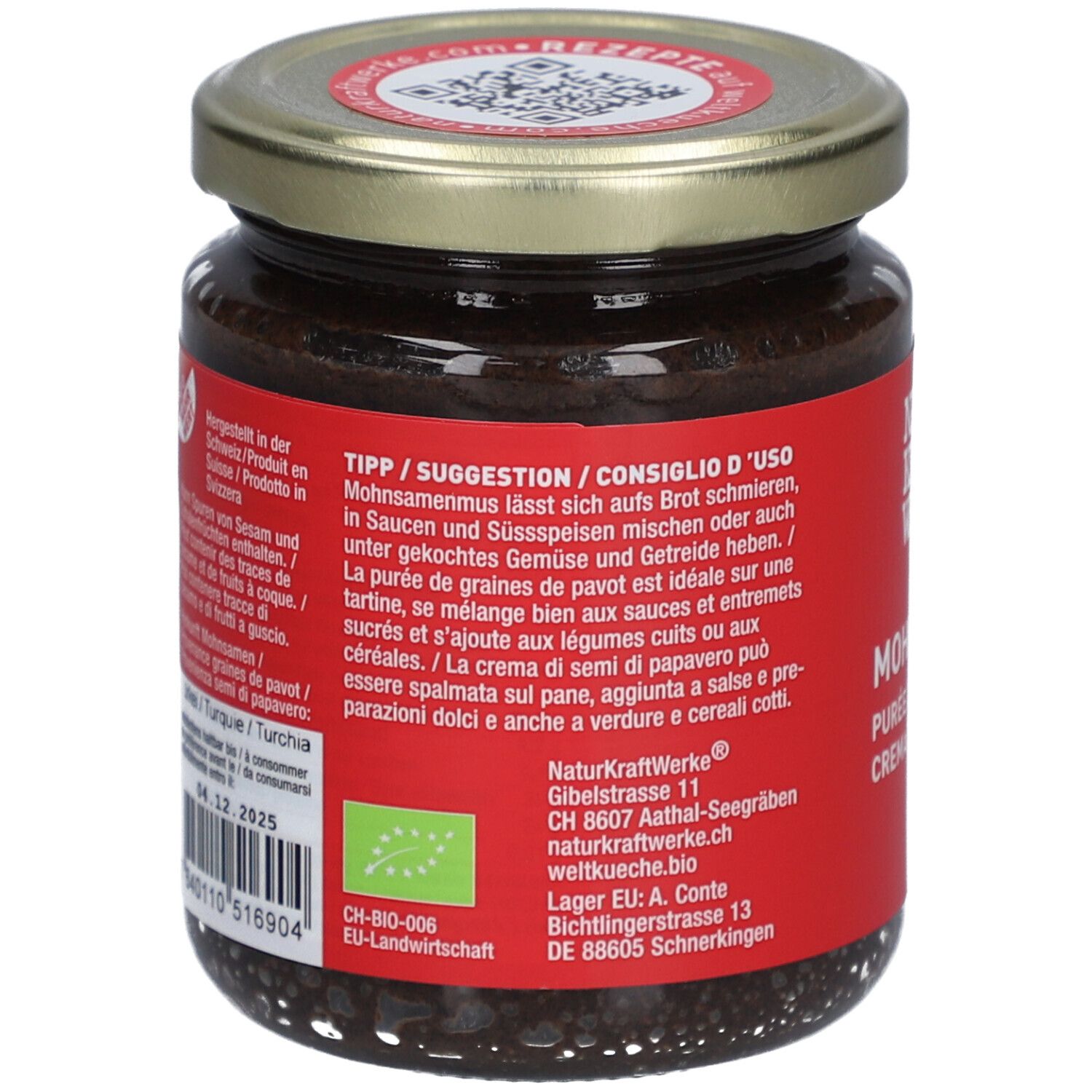 Dos du pot de purée de graines de pavot. Étiquette rouge avec texte et logo. Label bio.