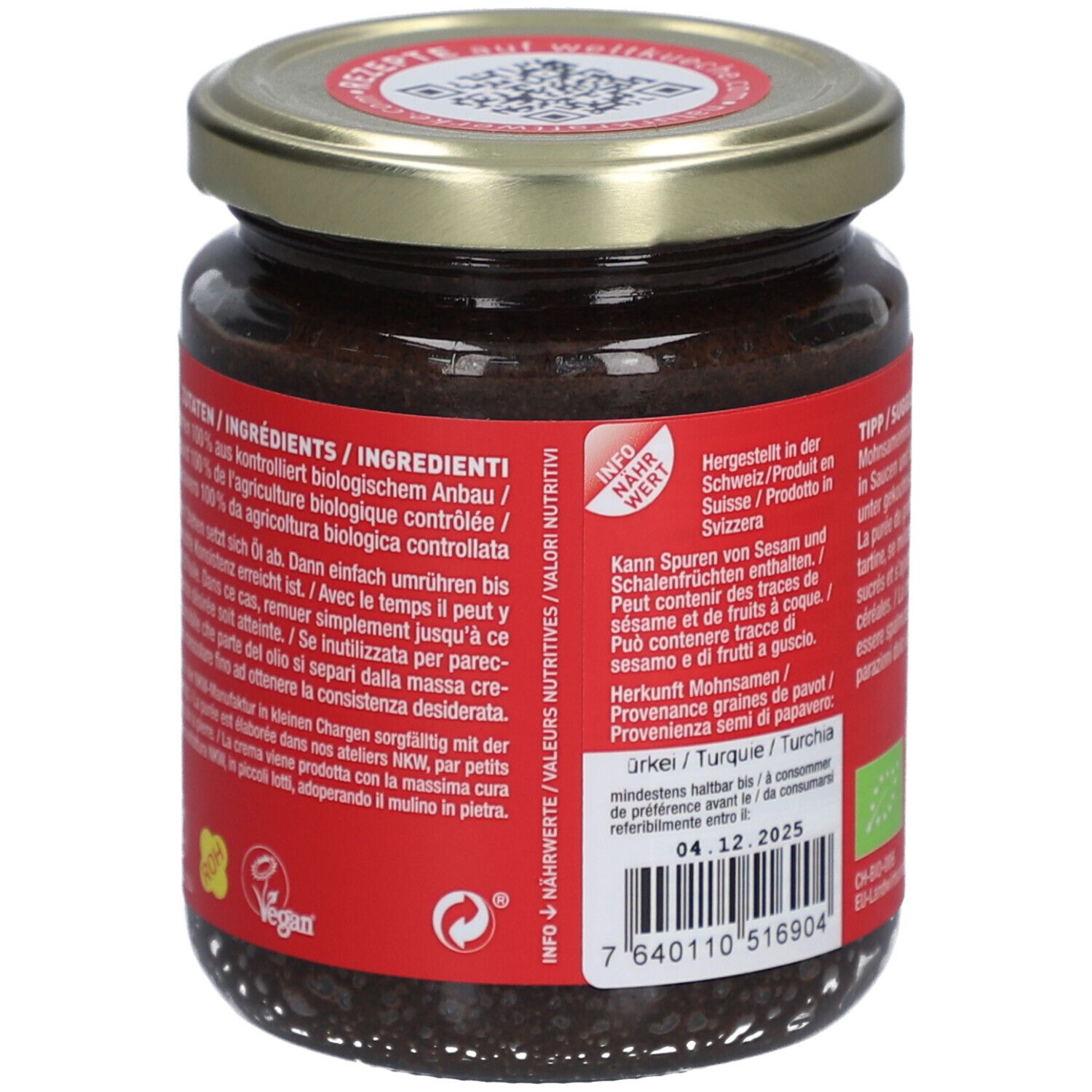 Dos du pot de purée de graines de pavot. Étiquette rouge avec texte et logo. Label bio.