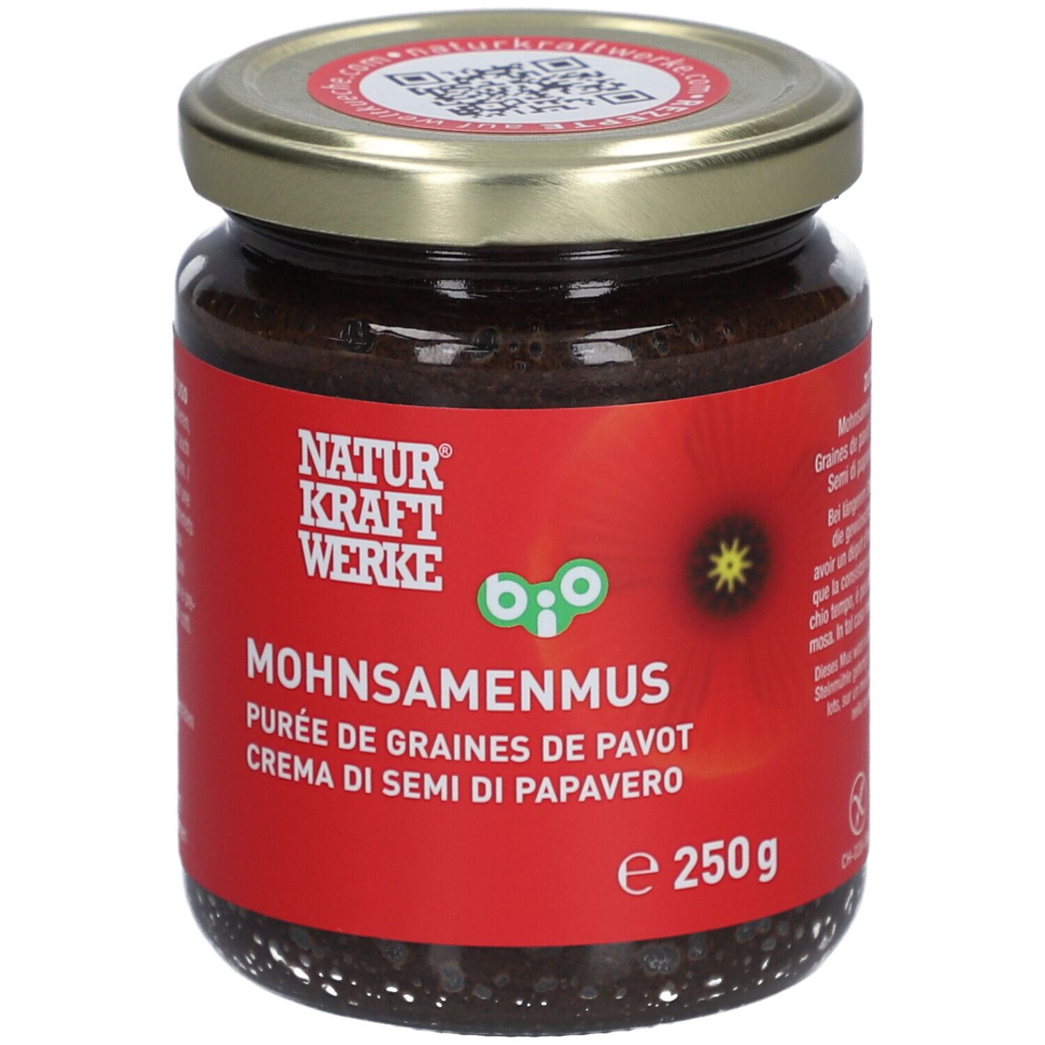 Pot de purée de graines de pavot. Étiquette rouge avec nom et logo du produit. Couvercle en métal.
