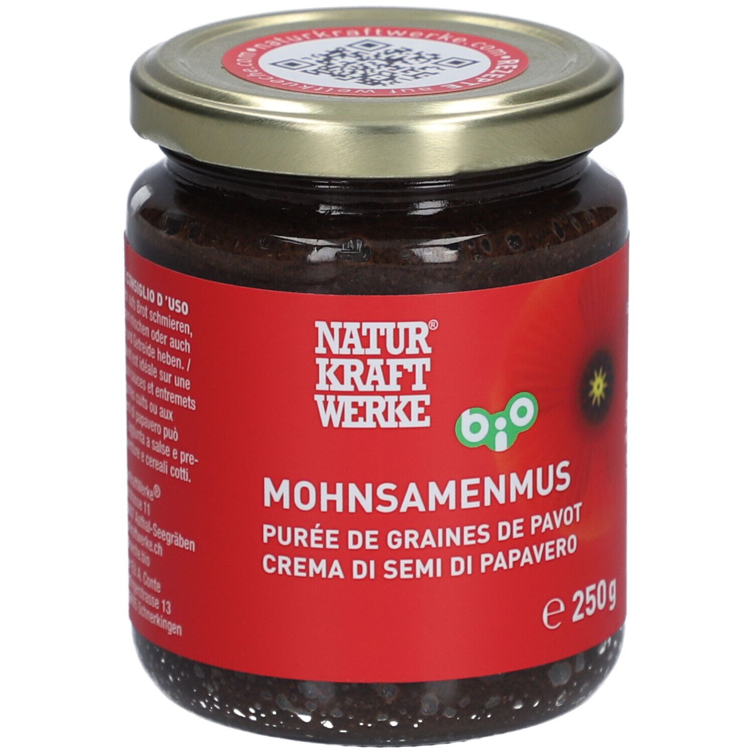 Pot de purée de graines de pavot. Étiquette rouge avec nom et logo du produit. Couvercle en métal.