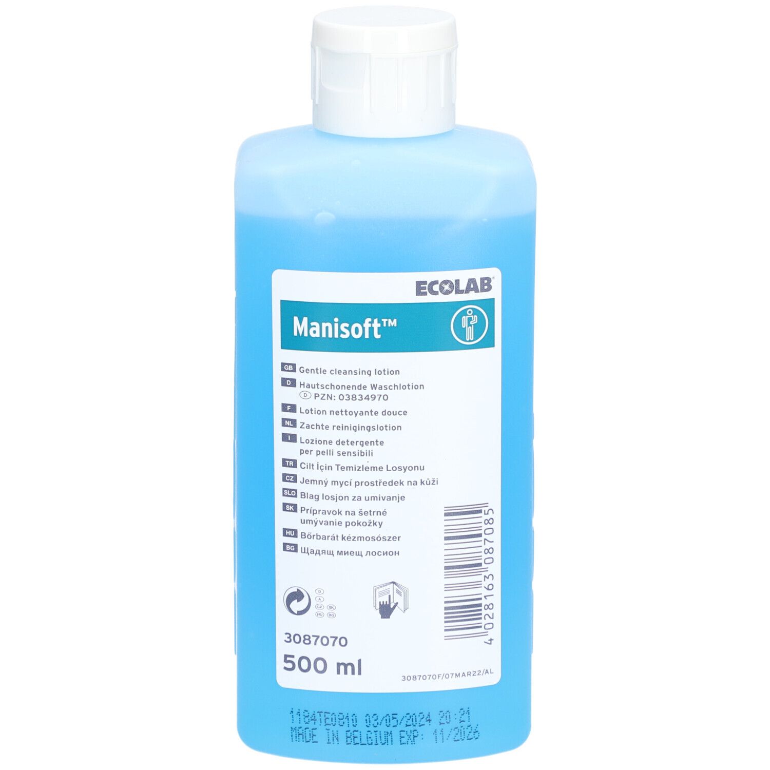 Blauwe fles met witte dop. Opschrift: Manisoft™. Meertalige productinformatie en 500 ml.