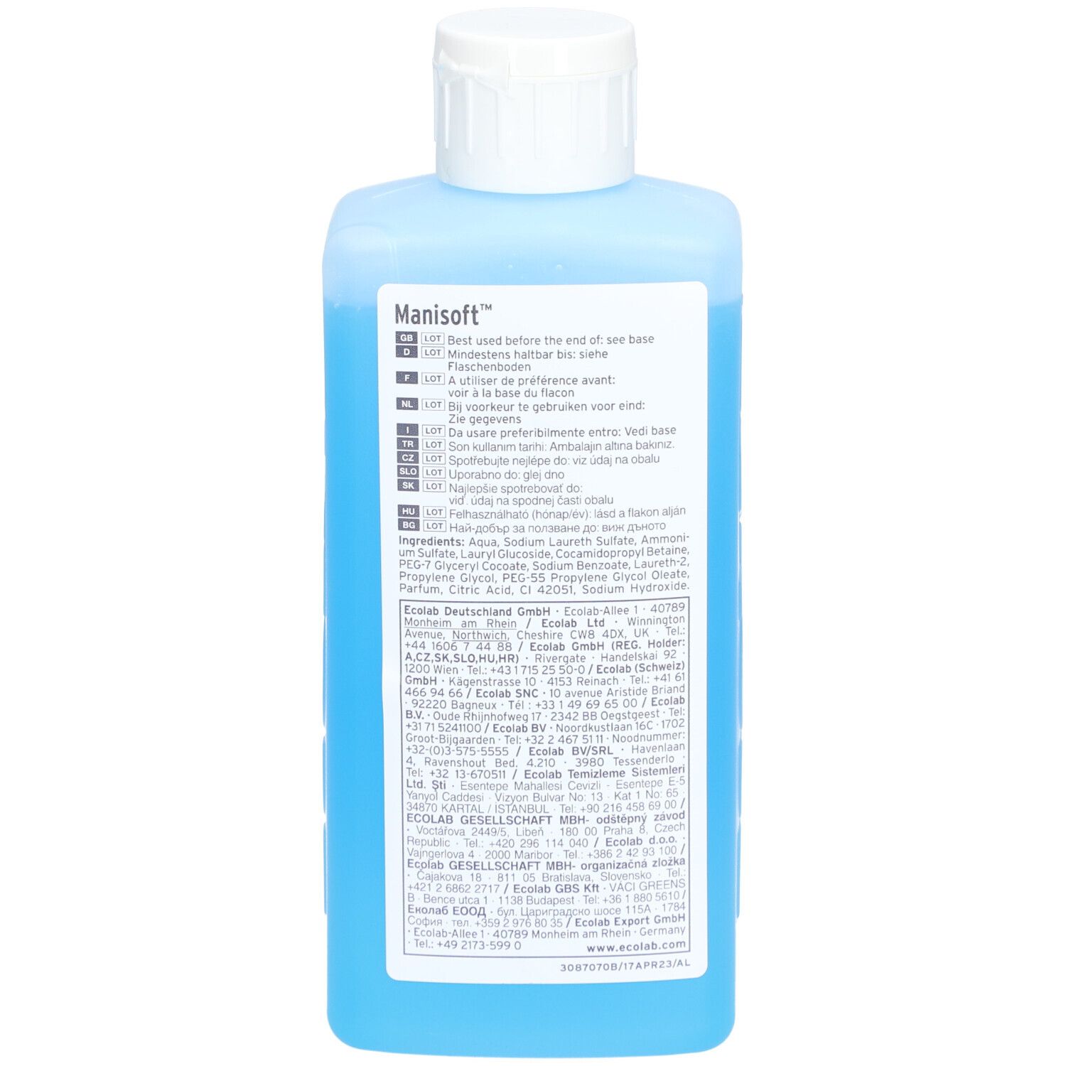 Achterkant van de blauwe fles met witte dop. Meertalige productinformatie en ingrediënten.