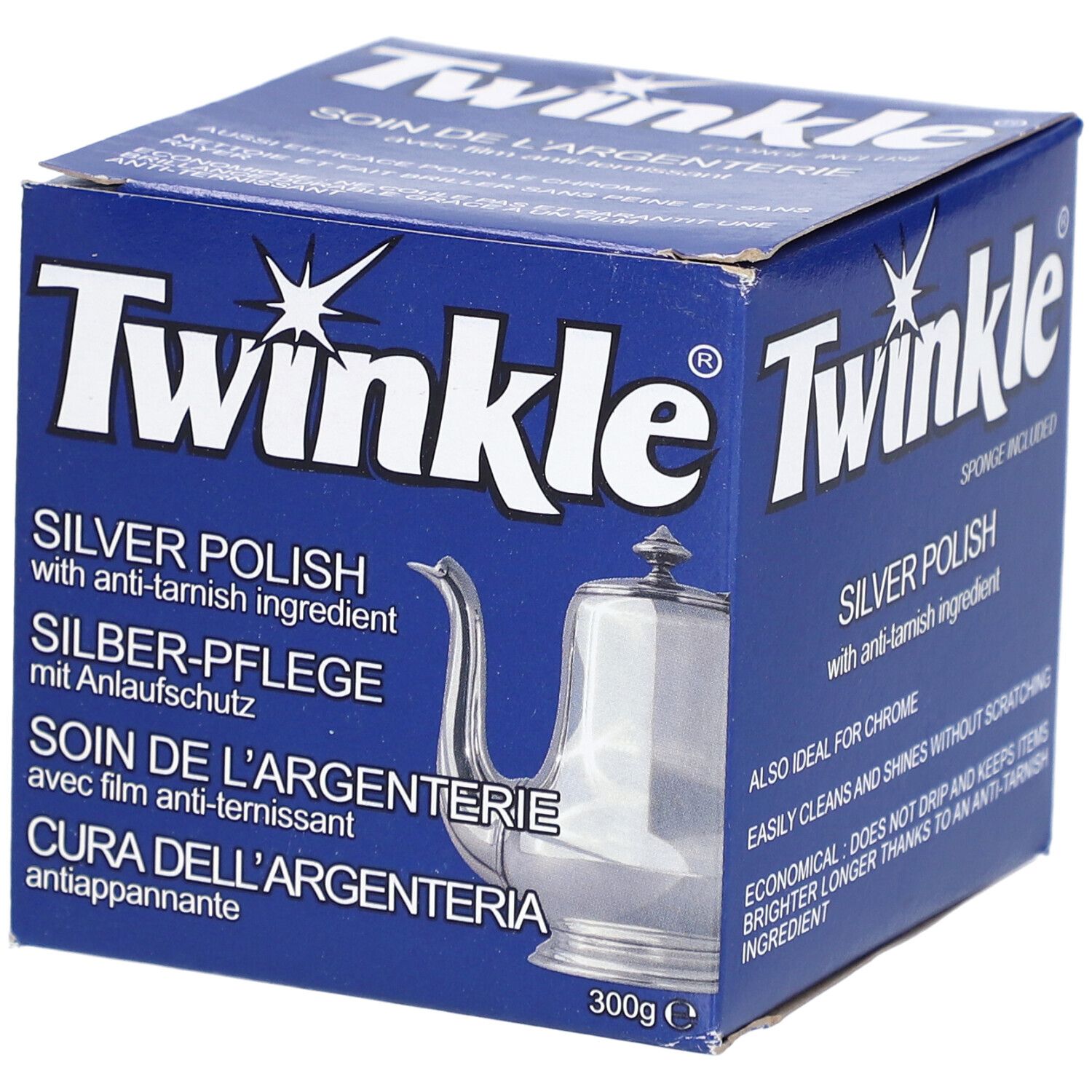 Blauwe doos met "Twinkle" logo en productnaam. Bevat zilverpoets met anti-aanslag. Afbeelding van een kan.