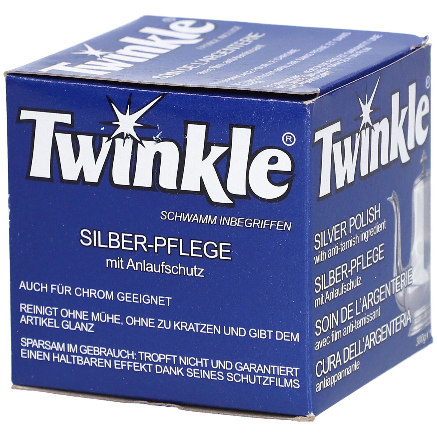 Blauwe doos met "Twinkle" logo en productnaam. Bevat zilverpoets met anti-aanslag. "Spons inbegrepen".