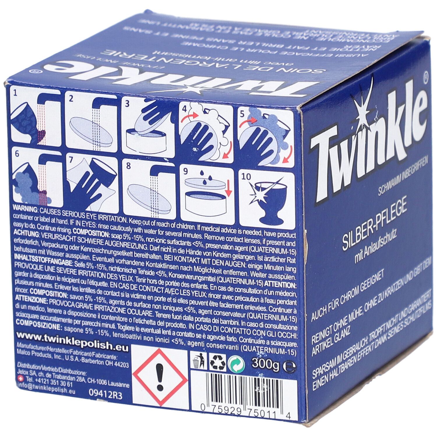 Achterkant van de blauwe doos met "Twinkle" logo. Bevat instructies en waarschuwingen. Gewichtsaanduiding 300g.