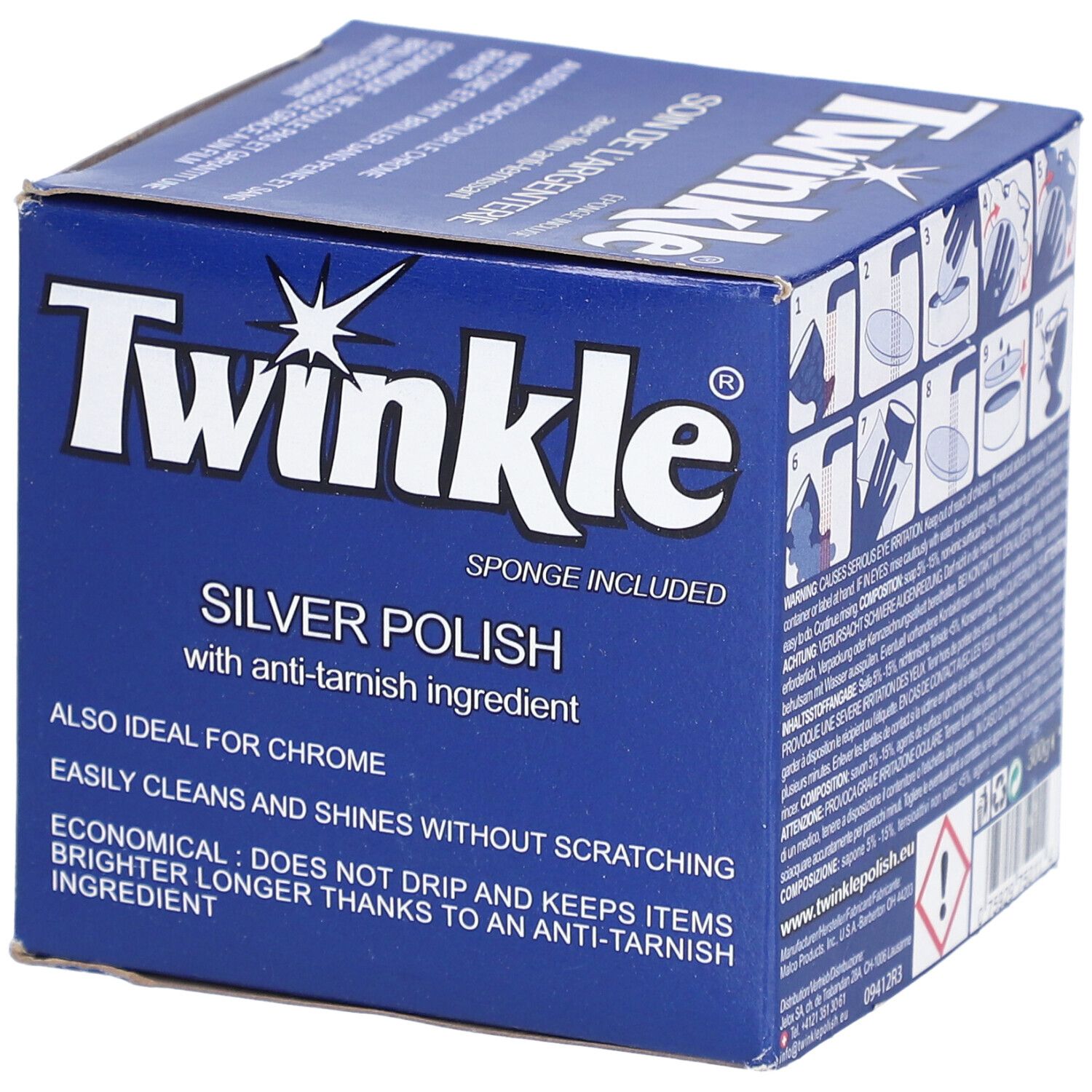 Blauwe doos met "Twinkle" logo en productnaam. Bevat zilverpoets met anti-aanslag. "Spons inbegrepen".