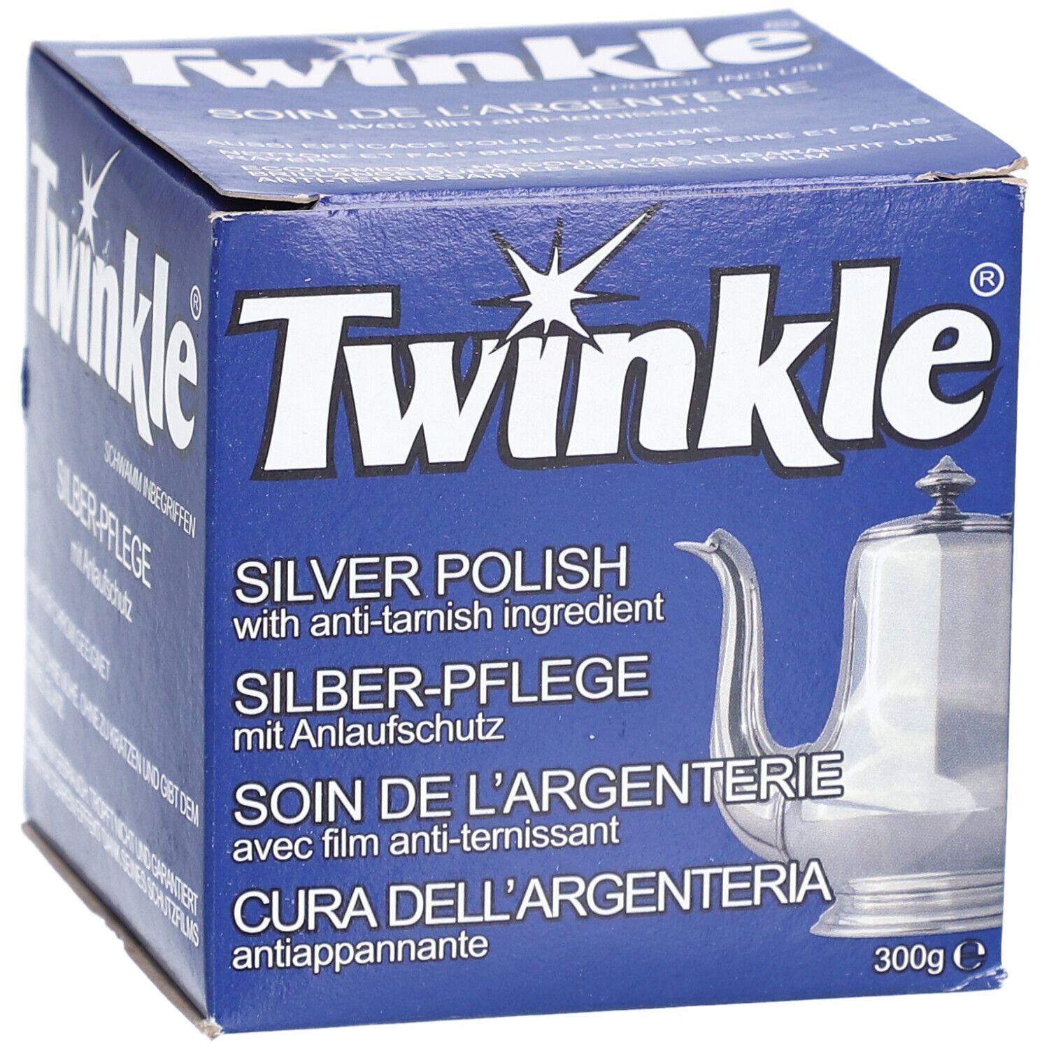 Blauwe doos met "Twinkle" logo en productnaam. Bevat zilverpoets met anti-aanslag. Afbeelding van een kan. 300g.