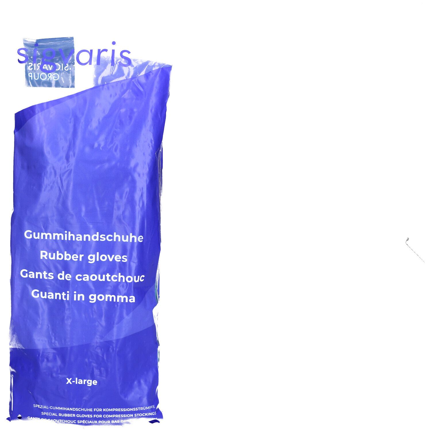 Blauwe verpakking met productnamen: Rubber gloves, Gants de caoutchouc, Guanti in gomma. Maat: X-large.