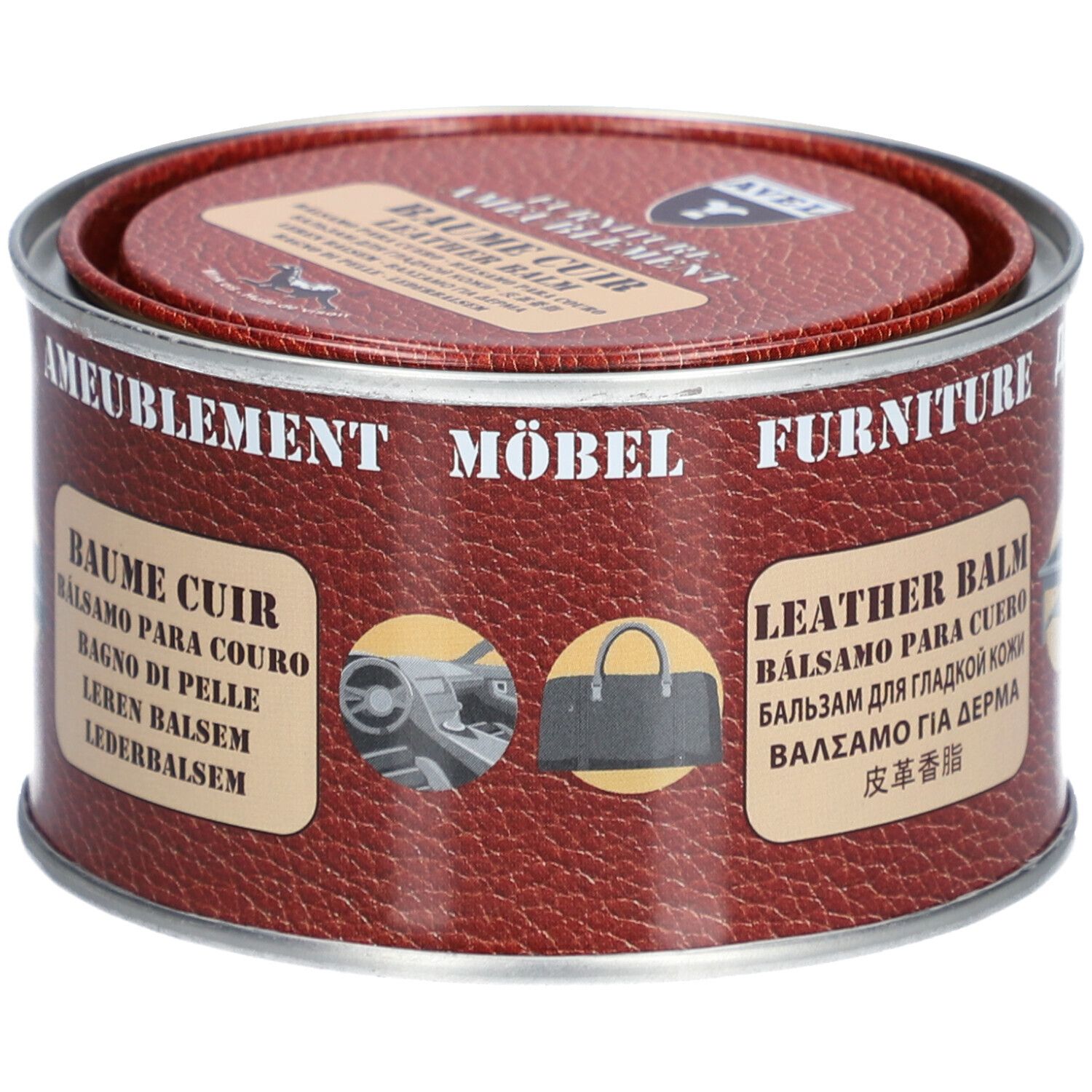 Ronde blik met deksel. Opschrift: BAUME CUIR, LEATHER BALM. Afbeeldingen van lederwaren.