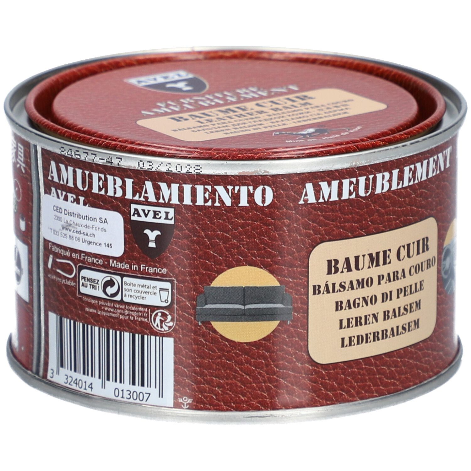 Blik met deksel. Opschrift: AVEL, BAUME CUIR. Barcode en fabricage-informatie.