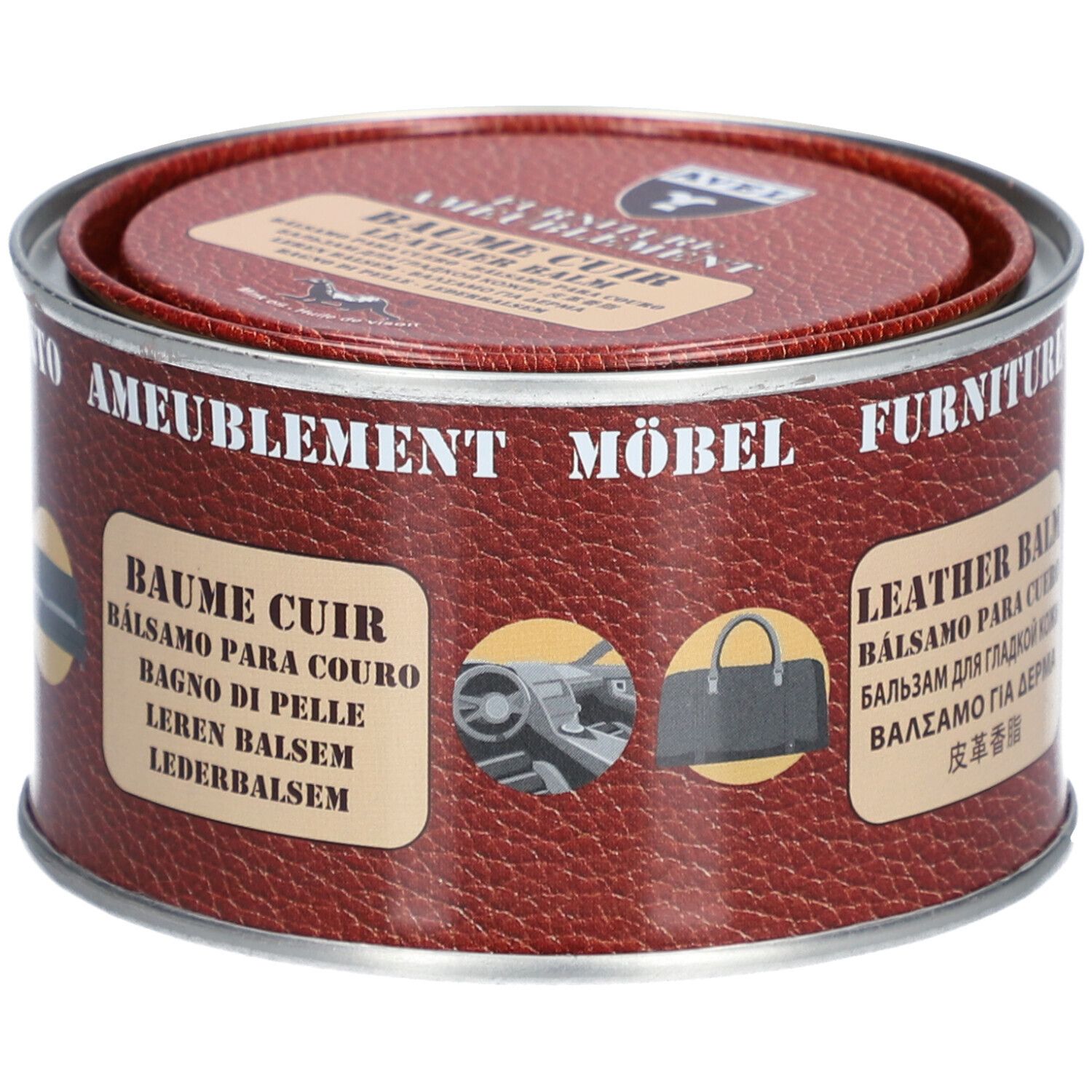 Ronde blik met deksel. Opschrift: BAUME CUIR, LEATHER BALM. Afbeeldingen van lederwaren.