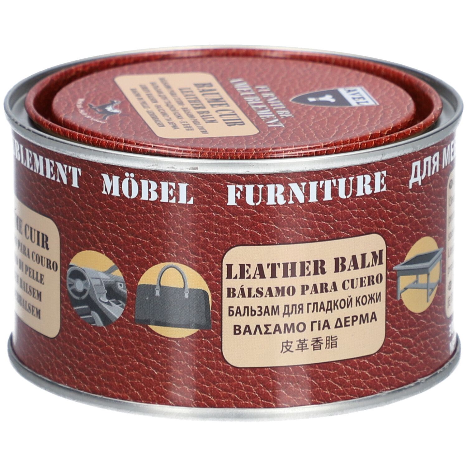 Ronde blik met deksel. Opschrift: BAUME CUIR, LEATHER BALM. Afbeeldingen van lederwaren.