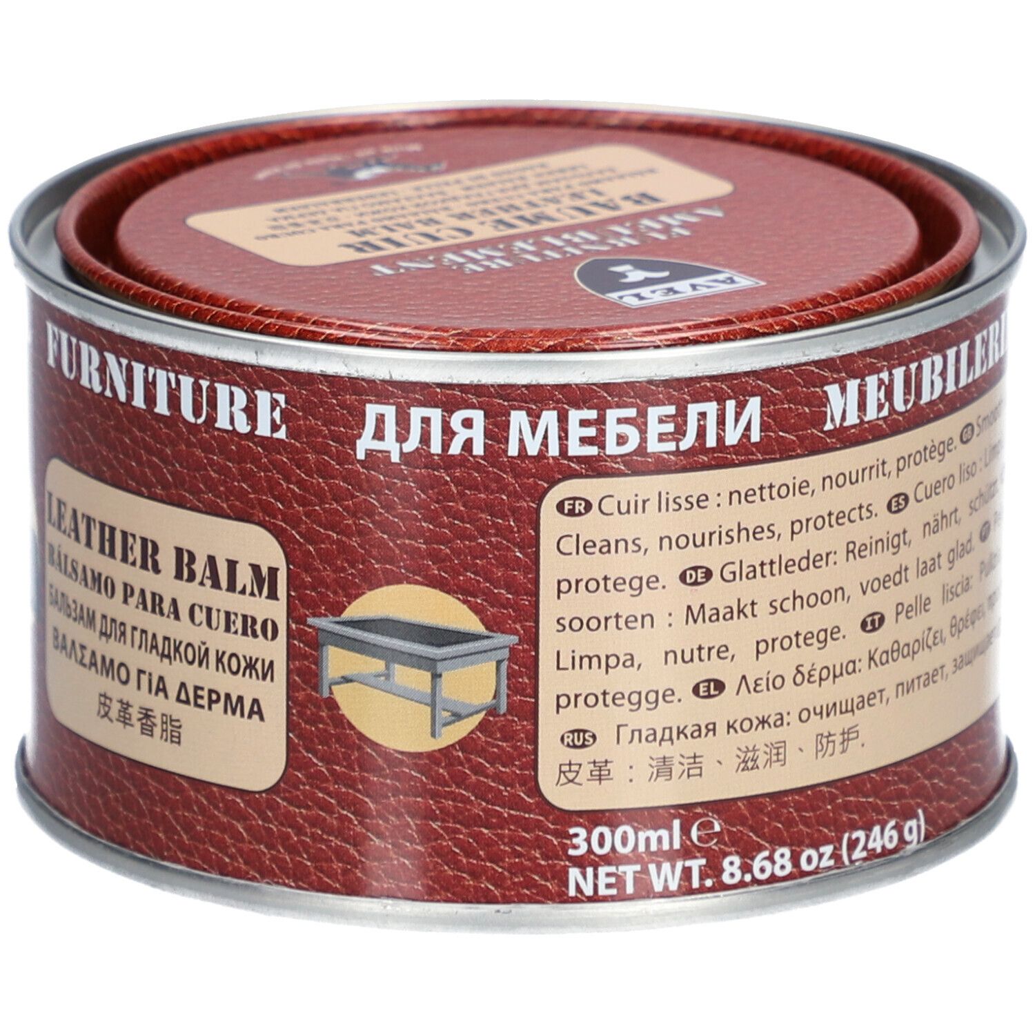 Blik met deksel. Opschrift: LEATHER BALM, voor meubels. Meertalige informatie.