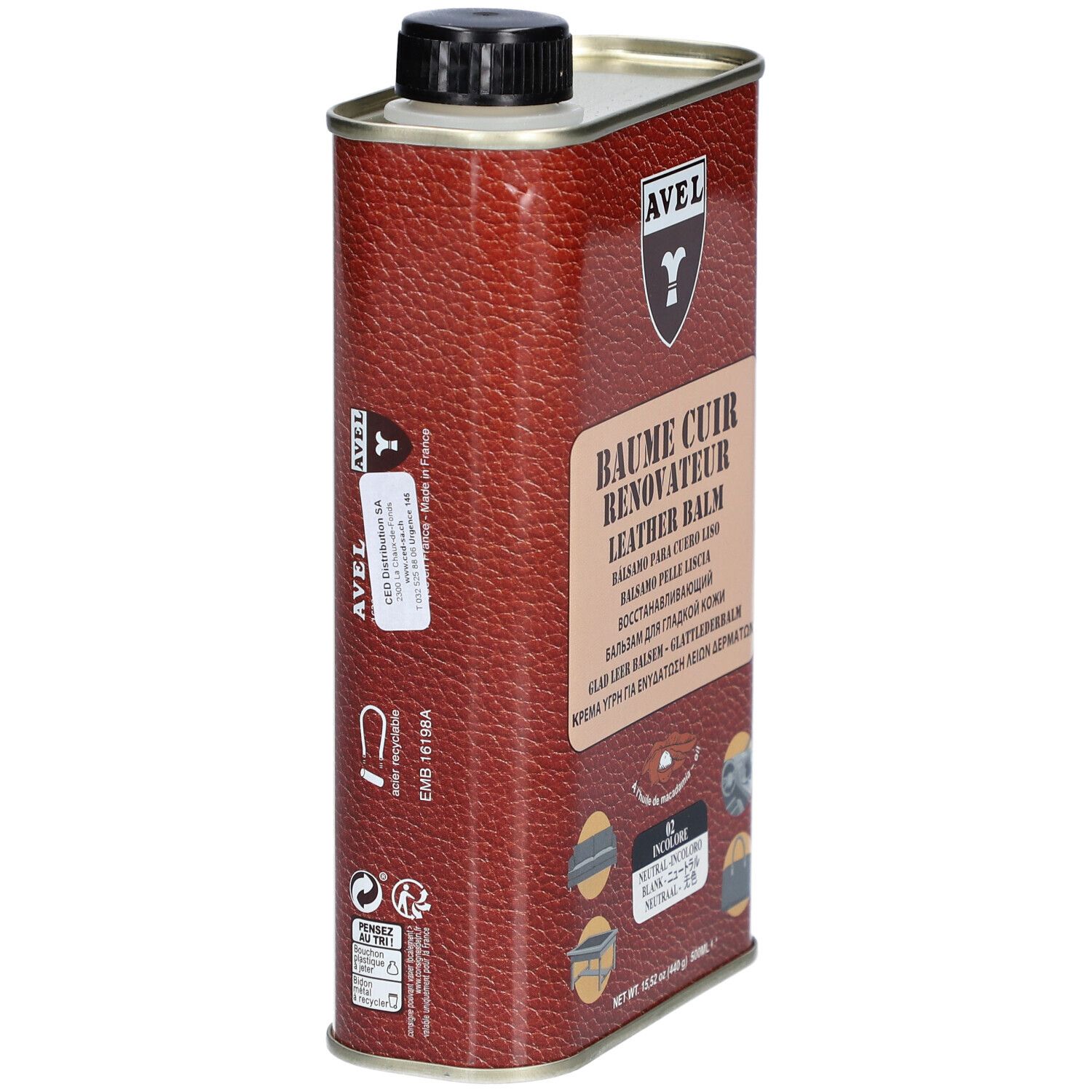 Boîte cylindrique marron avec bouchon noir. Inscription AVEL. Étiquette avec informations produit et symboles de sécurité.
