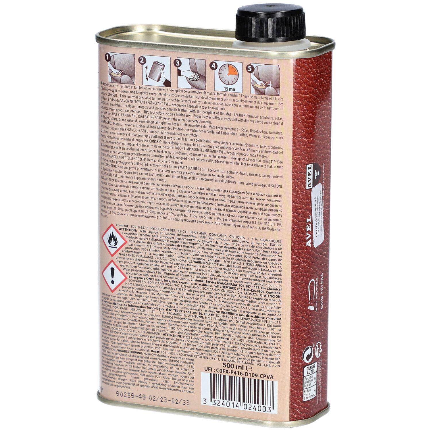 Dos de la boîte avec instructions d'utilisation et avertissements. Plusieurs pictogrammes et texte en plusieurs langues.