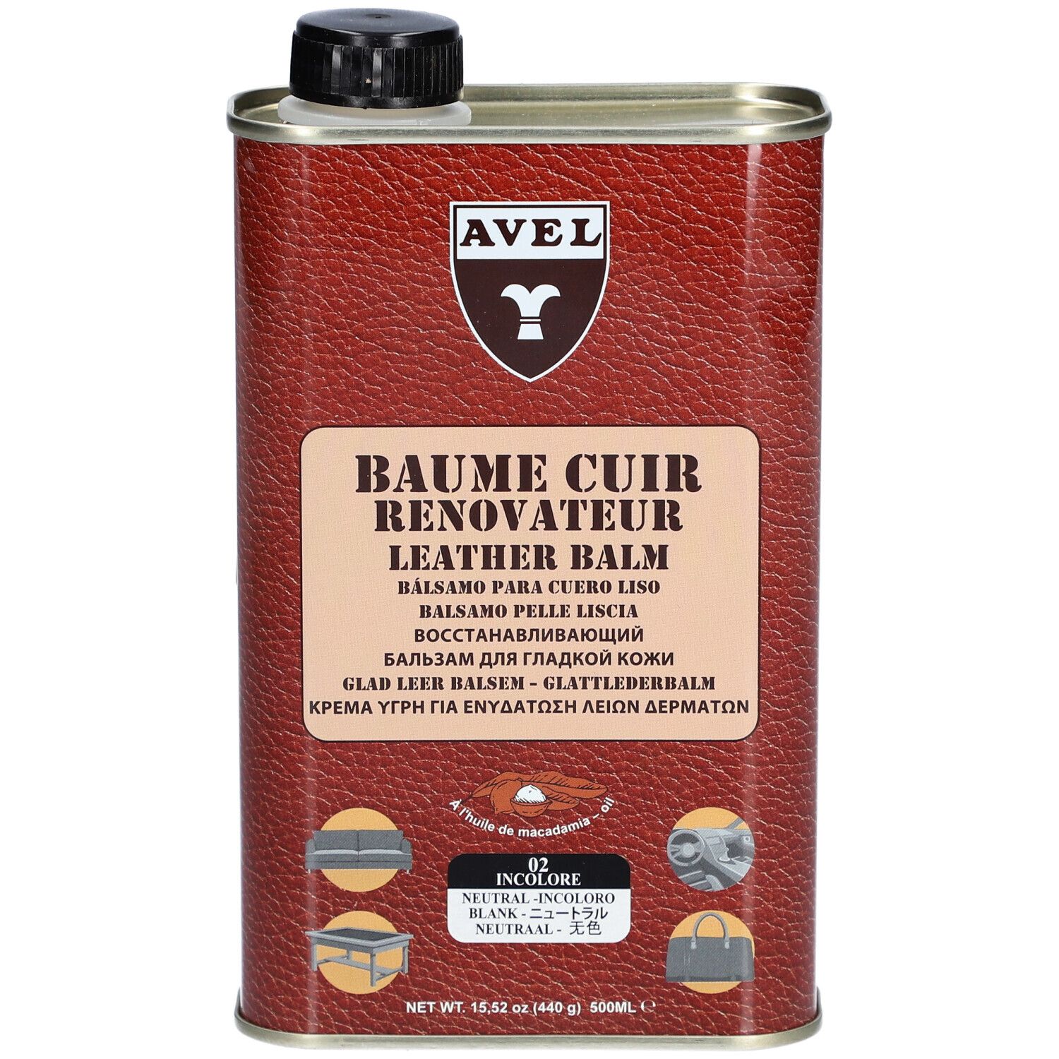 Boîte cylindrique avec bouchon noir. Inscription AVEL, Baume Cuir Renovateur, Leather Balm. Informations produit multilingues.