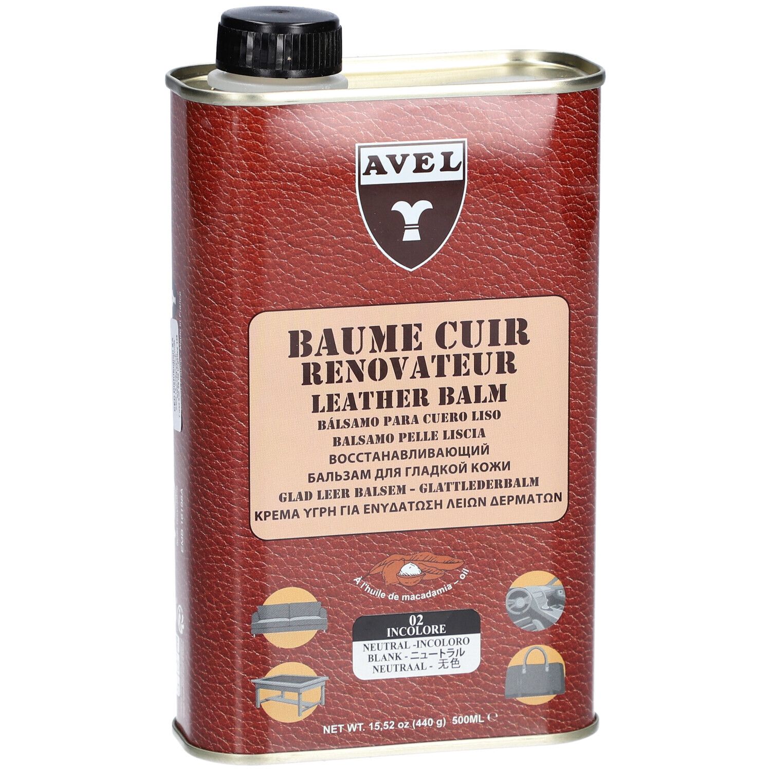 Boîte cylindrique avec bouchon noir. Inscription AVEL, Baume Cuir Renovateur, Leather Balm. Informations produit multilingues.
