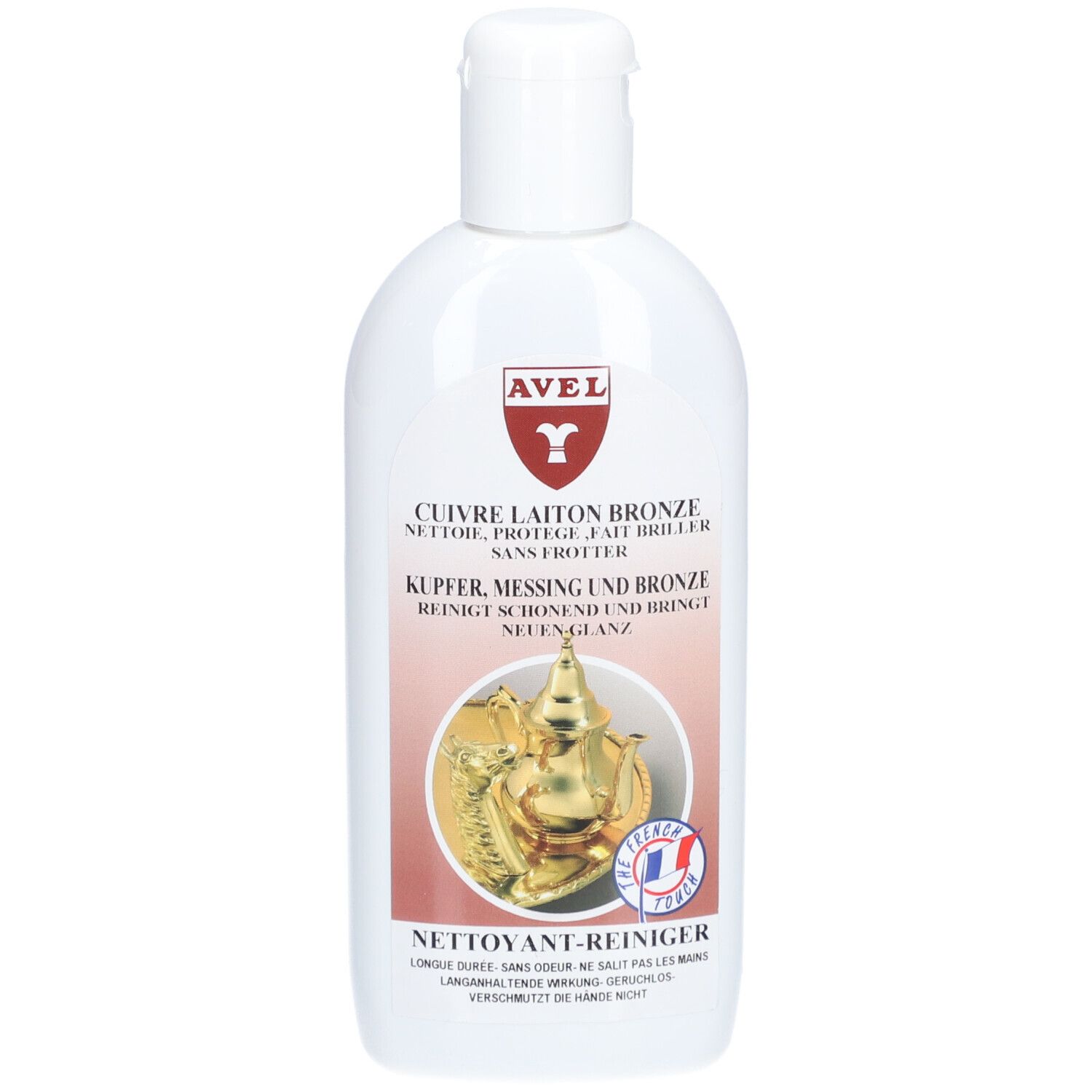 Flacon blanc avec étiquette rouge. Texte: AVEL, Nettoyant Cuivre Laiton Bronze. Image d'une théière dorée.