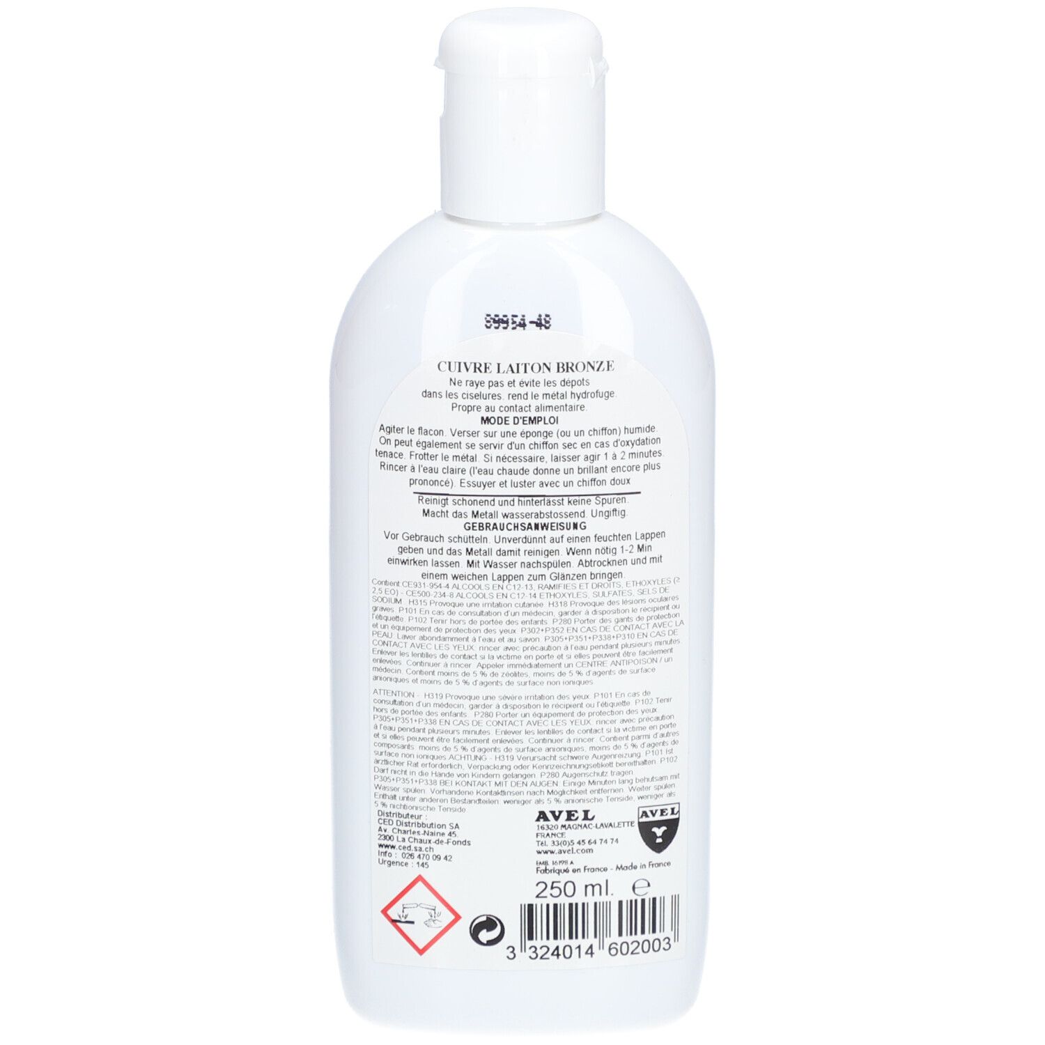 Dos du flacon blanc. Texte et instructions. Logo AVEL et 250 ml. Symbole de danger.