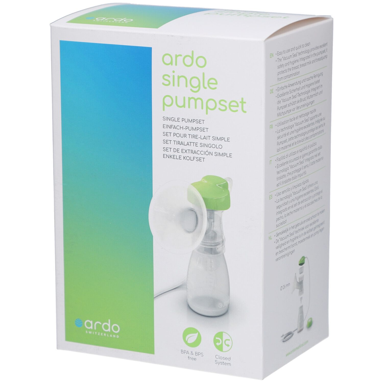Emballage avec illustration du produit. Inscription : ardo single pumpset. Couleurs vert et blanc. Sans BPA et BPS.