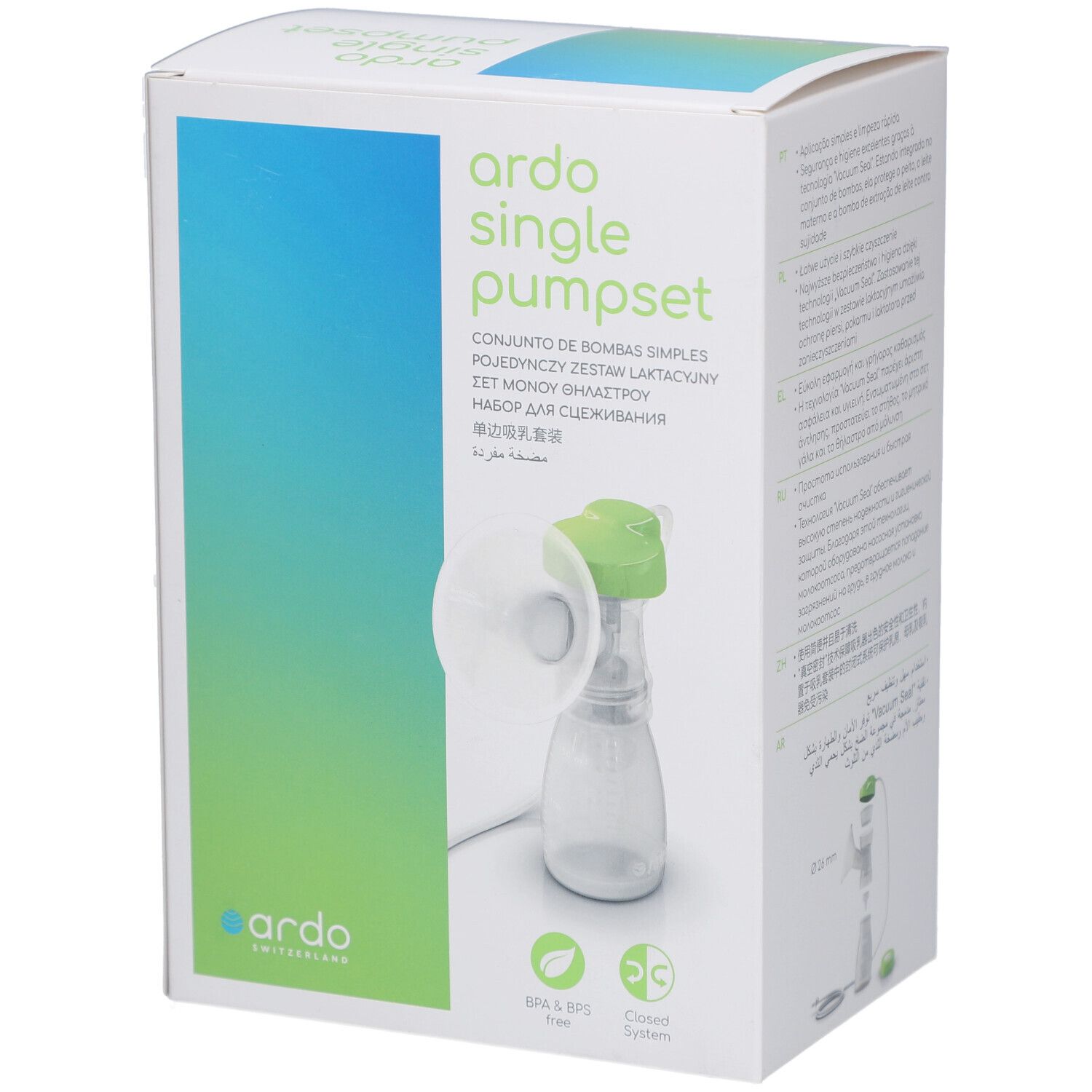 Emballage avec illustration du produit. Inscription : ardo single pumpset. Couleurs vert et blanc. Texte multilingue.
