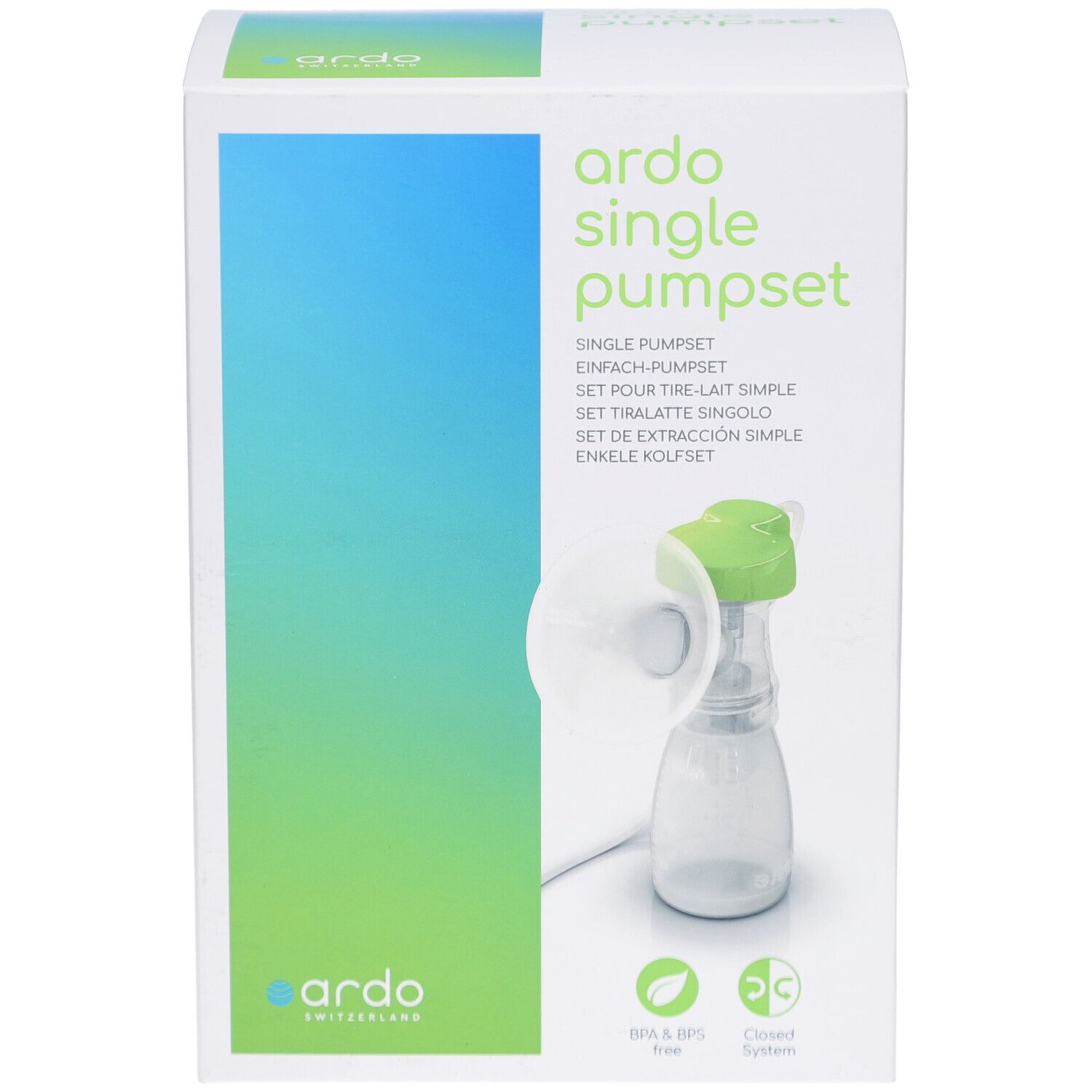Emballage avec illustration du produit. Inscription : ardo single pumpset. Couleurs vert et blanc. Sans BPA et BPS.