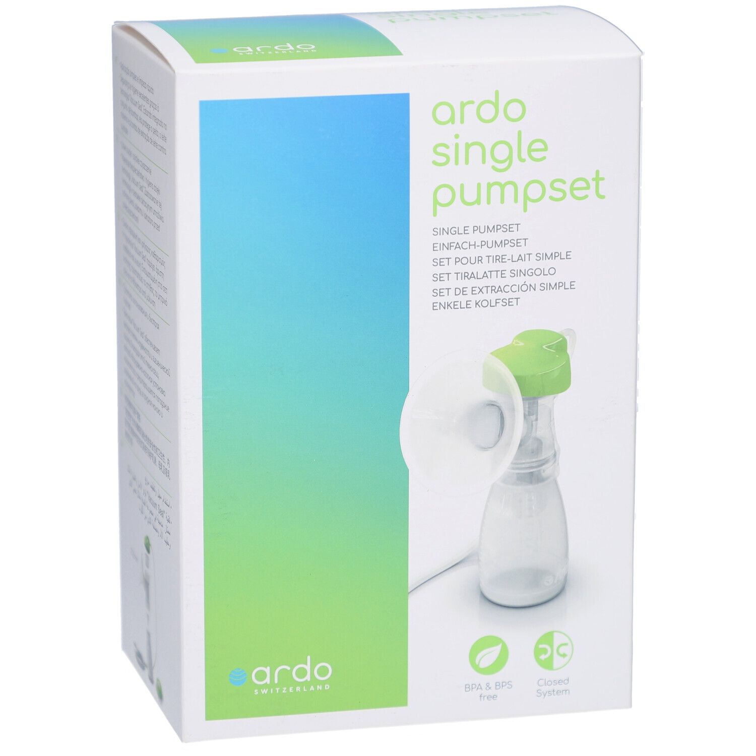 Emballage avec illustration du produit. Inscription : ardo single pumpset. Couleurs vert et bleu. Sans BPA et BPS.