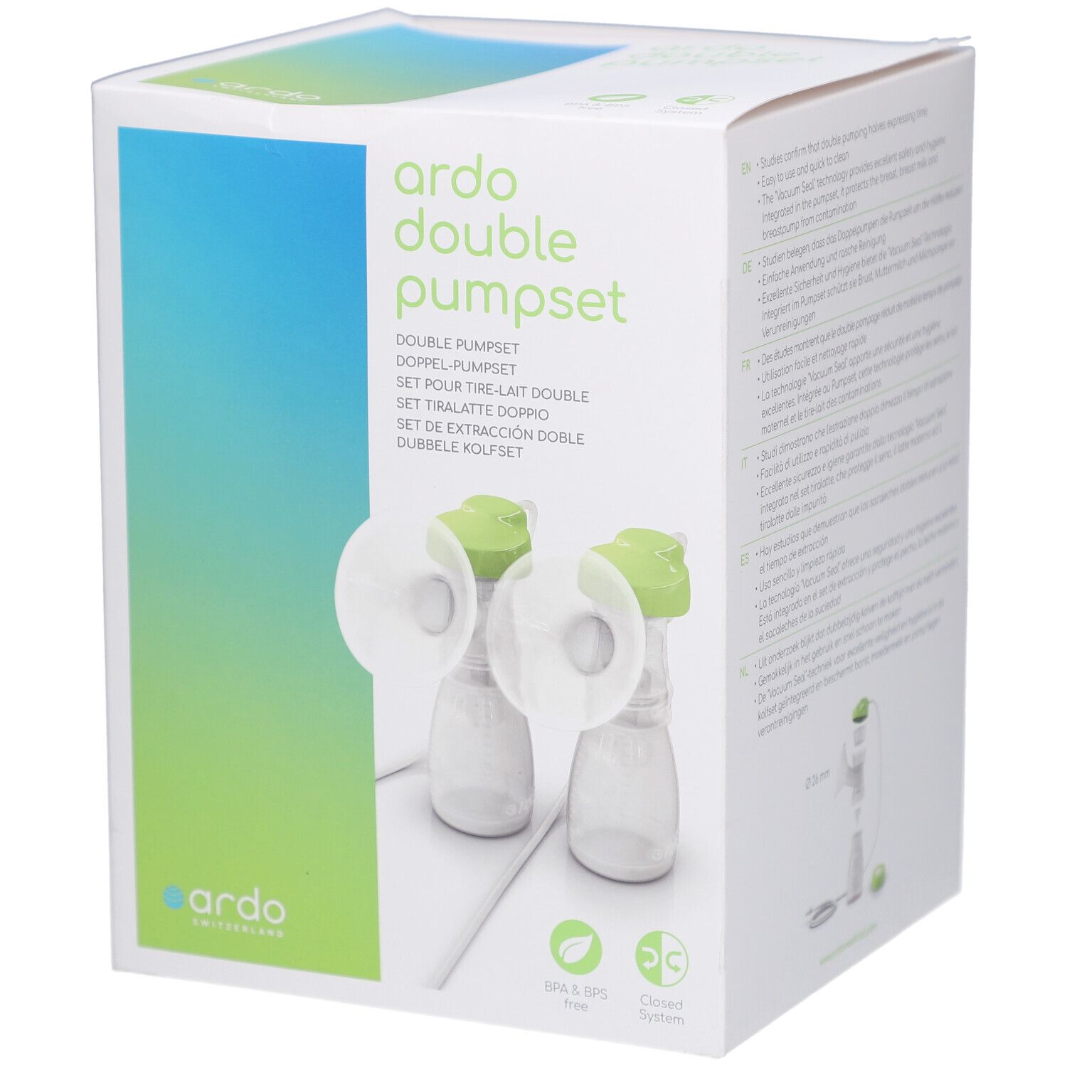 Emballage ARDO Doppel-Pumpset. Deux pompes avec couvercles verts sont visibles. Le logo et le nom du produit sont affichés.