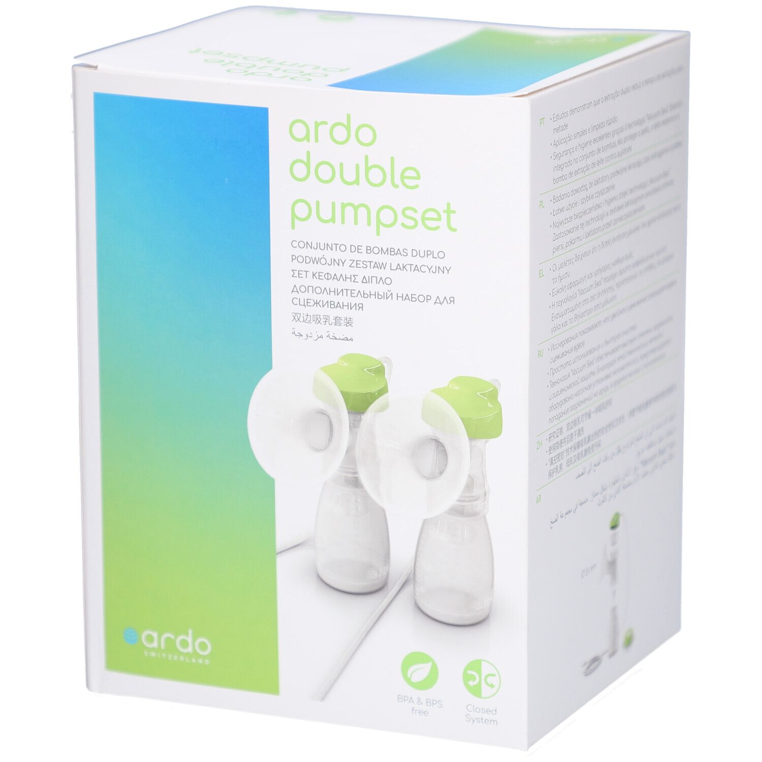 Emballage ARDO Doppel-Pumpset. Deux pompes avec couvercles verts sont visibles. Le nom du produit et le logo sont affichés.